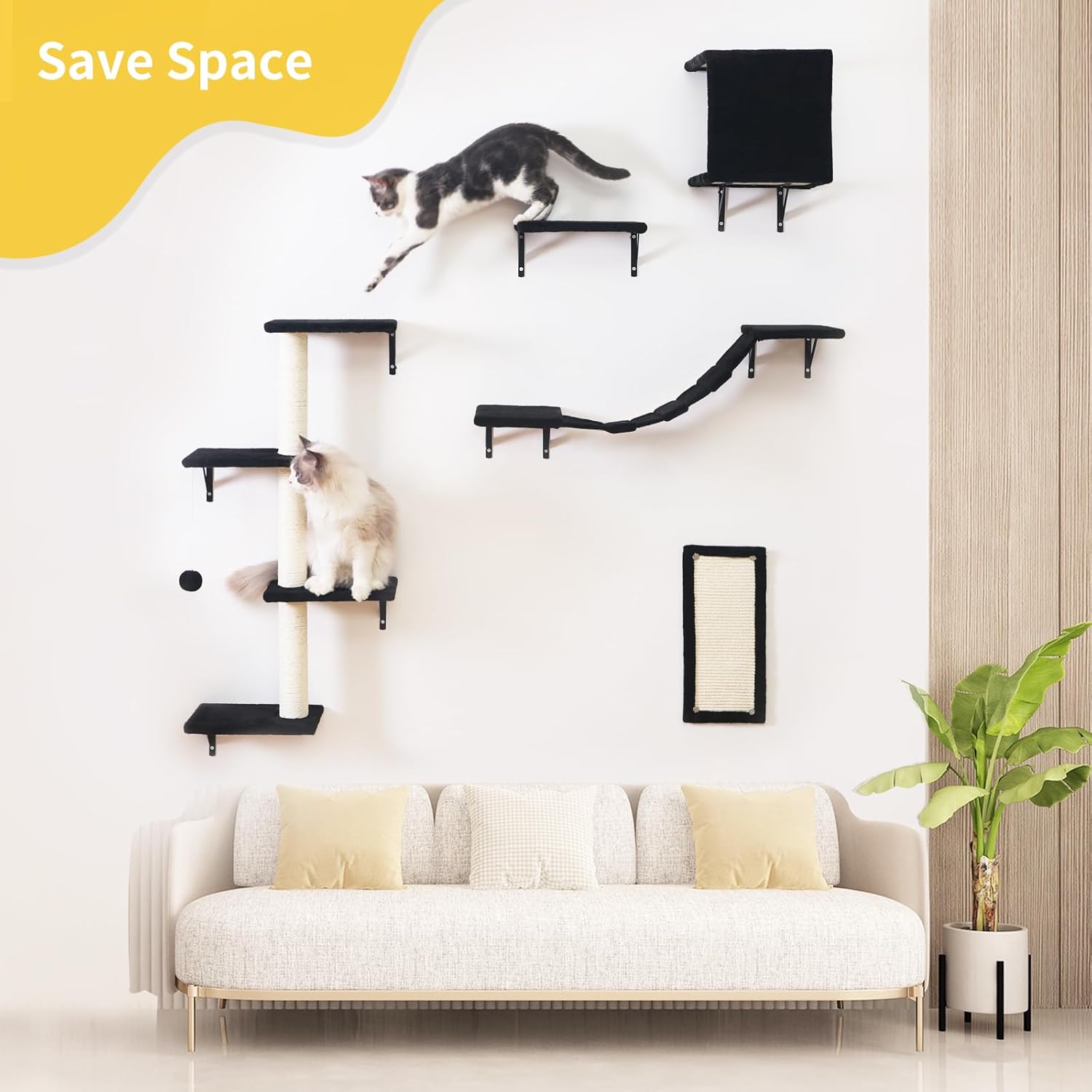 Modern Wall-Mounted Cat Furniture - 5pcs Cat Wall Shelves, Wooden Climber Includes House, Bridge, Tree, Steps, and Scratcher (Black) - Happypetzone.online - Image 2
