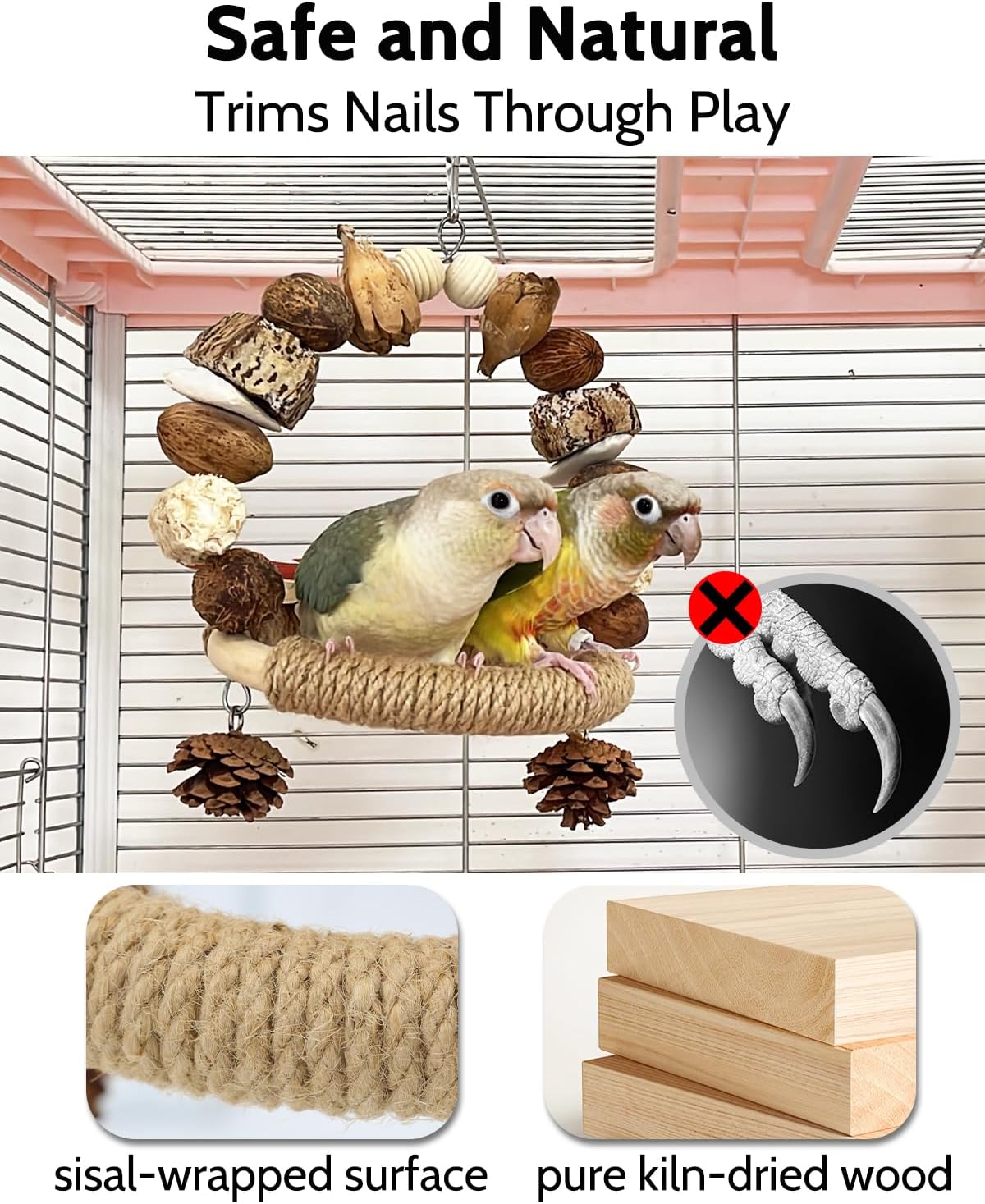2Pcs Natural Bird Chew Toys, Wood Parakeet Swing Toys with Sisal Wrap for Claw Grinding, Hanging Safe Chew Toys for Parrot Beak Care, Multi-Play Design Cockatiel Toys for Budgie Conure Keeps Busy - Happypetzone.online - Image 4