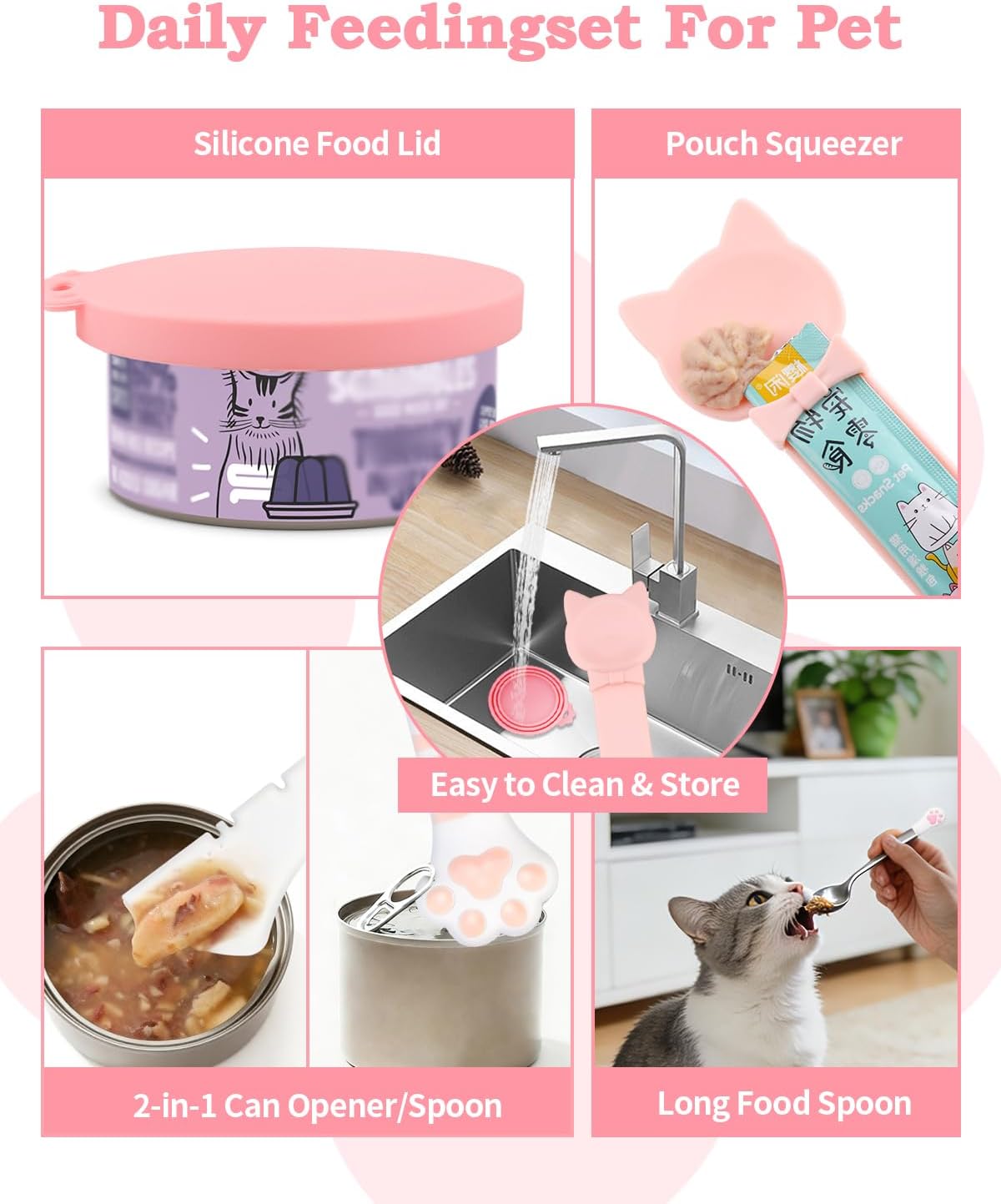 6 PCS Cat Food Can Covers Set, Reusable Silicone Can Lids with Opener, Stainless Steel Wet Food Spoon & Cat Treat Squeezer for Pet Feeding and Storage, Fits Cats & Dogs (Pink) - Happypetzone.online - Image 7