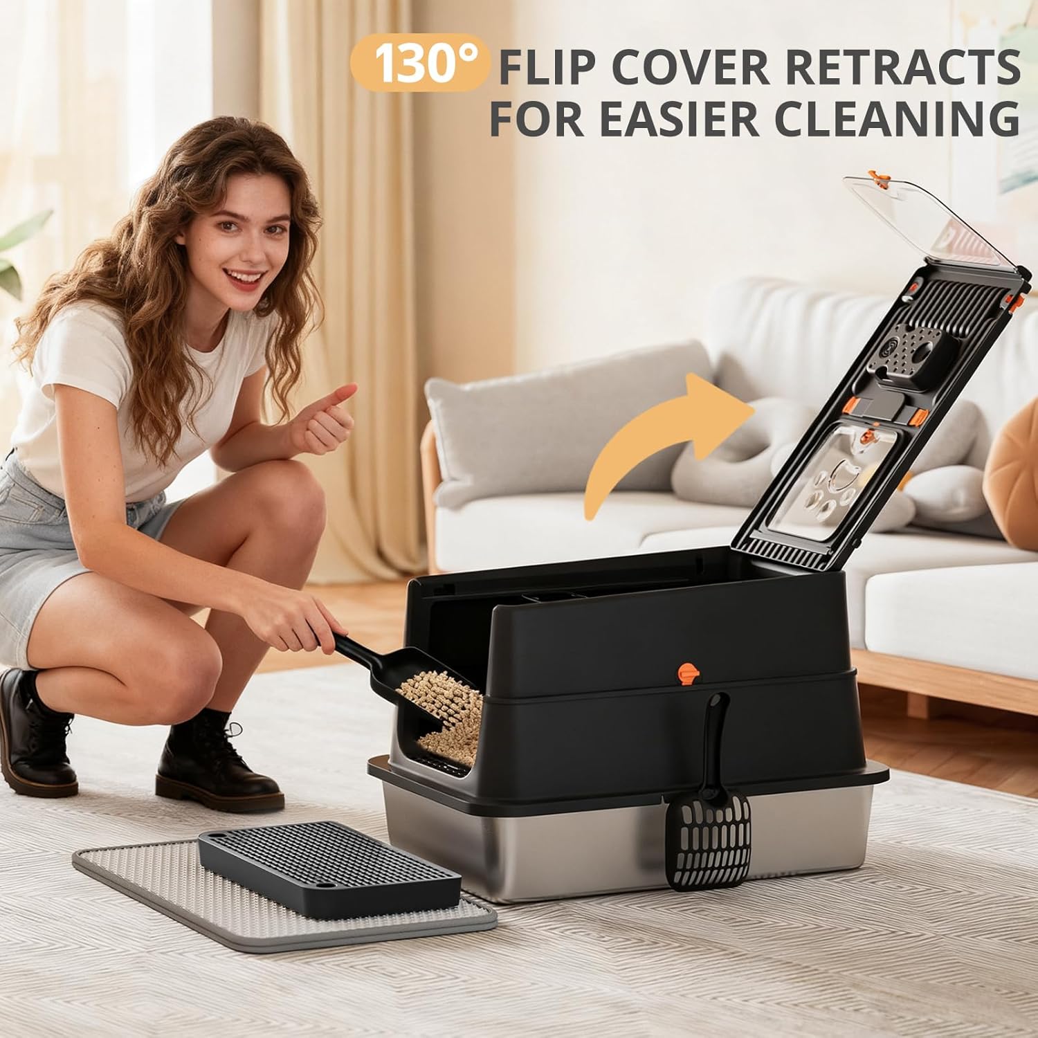 Stainless Steel Cat Litter Box, XL Enclosed Cat Litter Box with Lid, Easy to Clean High-Sided Metal Kitty with Top Entry, Scoop, Mat, Brush & Foot Pedal-Black - Happypetzone.online - Image 2