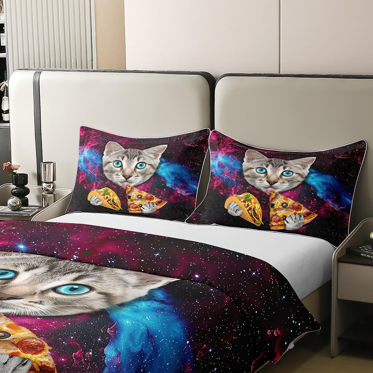 Erosebridal 100% Organic Cotton Kids Cute 3D Cat Duvet Cover Queen Size,Pizza Food Bedding Set,Outer Space Universe Comforter Cover,Kawaii Pet Animal Bedspread Cover with 2 Pillowcases,Soft Warm - Happypetzone.online - Image 4