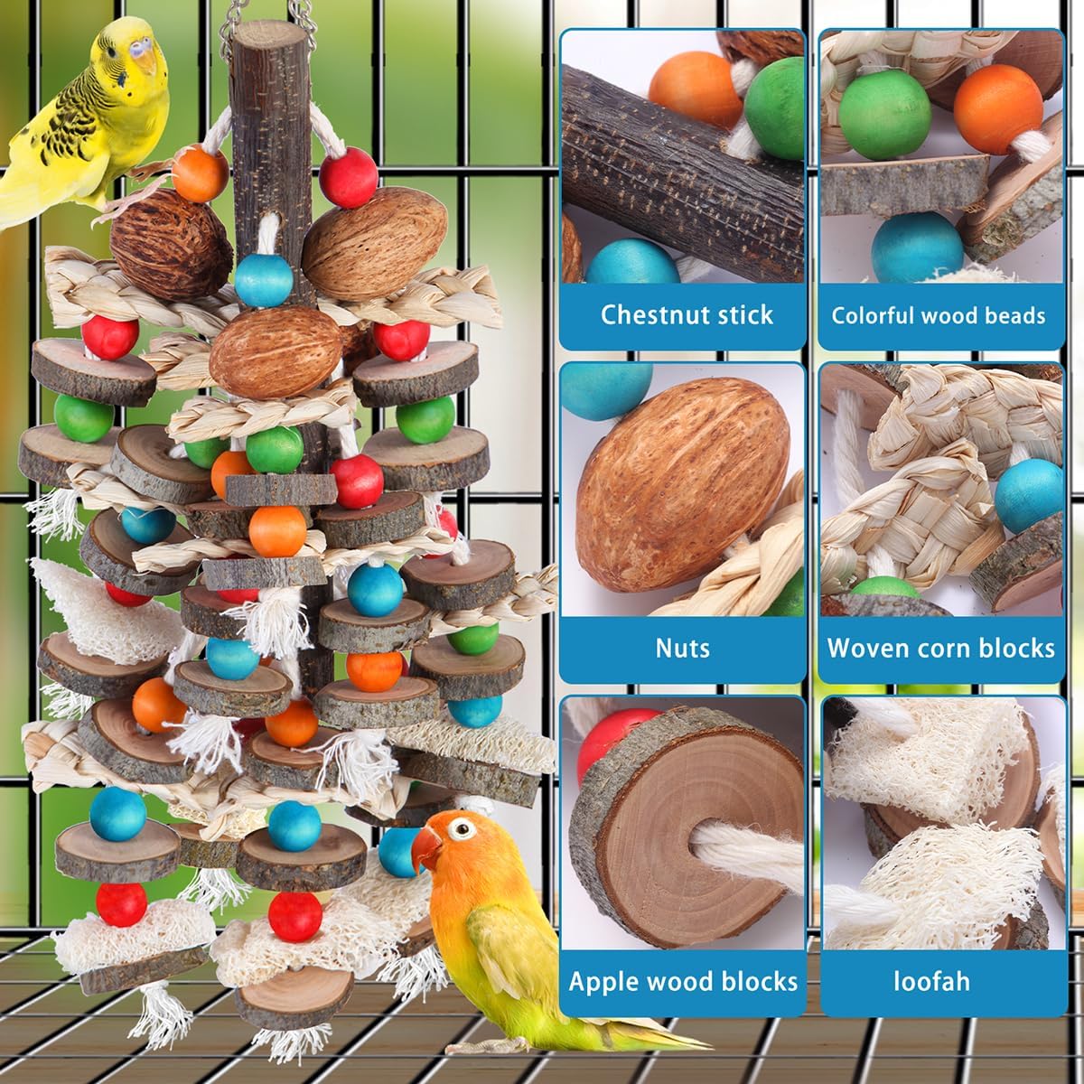 BBjinronjy Large Parrot Toys Bird Chewing Toys-Natural Nuts Corn Loofah Wooden Bird Cage Toy for African Grey,Macaws,Conure,Cokatoos,Cockatiel,Amazon Parrots and Other Medium and Small Birds - Happypetzone.online - Image 4