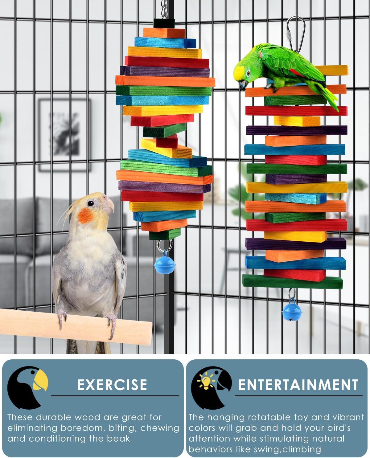Bissap 2 PCS Bird Chew Toys, Multicolored Bagel Cascade Bird Parrot Chewing Sticks Biting Wooden Blocks Toy for Small Medium Conure Parakeet Cockatiels Lovebird Similar Sized Pet Birds - Happypetzone.online - Image 4