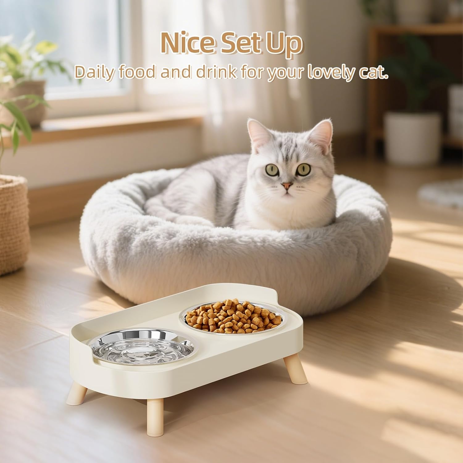 Elevated Cat Bowl, Raised Cat Food and Water Bowl Set for Indoor Cats, Splash Proof with 2 Stainless Steel Pet Food Bowls for Cats and Puppies, Whisker Fatigue and Dishwasher Safe - White - Happypetzone.online - Image 8