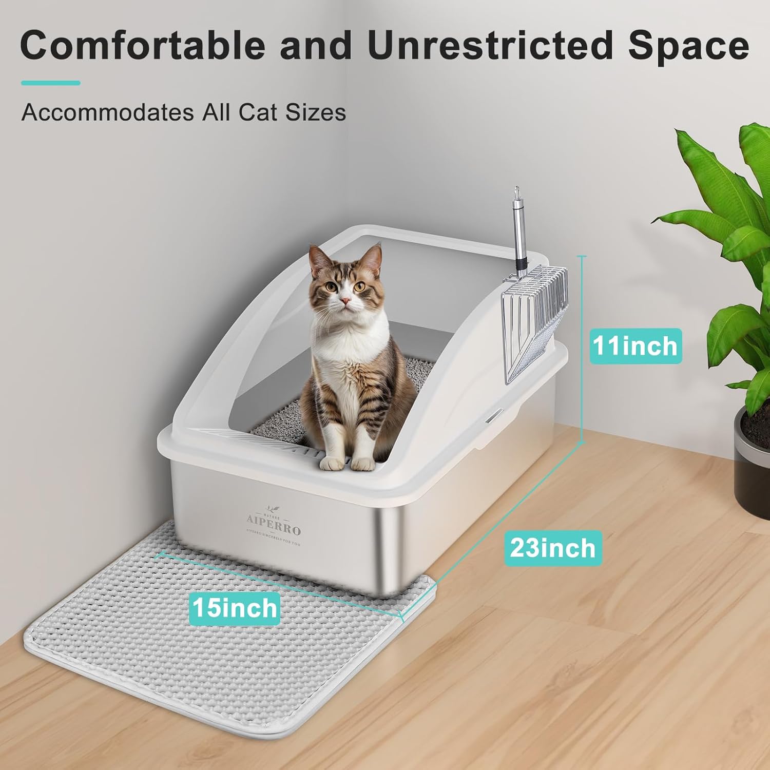 Stainless Steel Litter Box | XL Enclosed Cat Litter Boxes with Lid for Big Cats | High Sided, Anti-Urine Leakage | Non-Stick Bottom & Includes Litter Mat & Metal Scoop - Happypetzone.online - Image 4