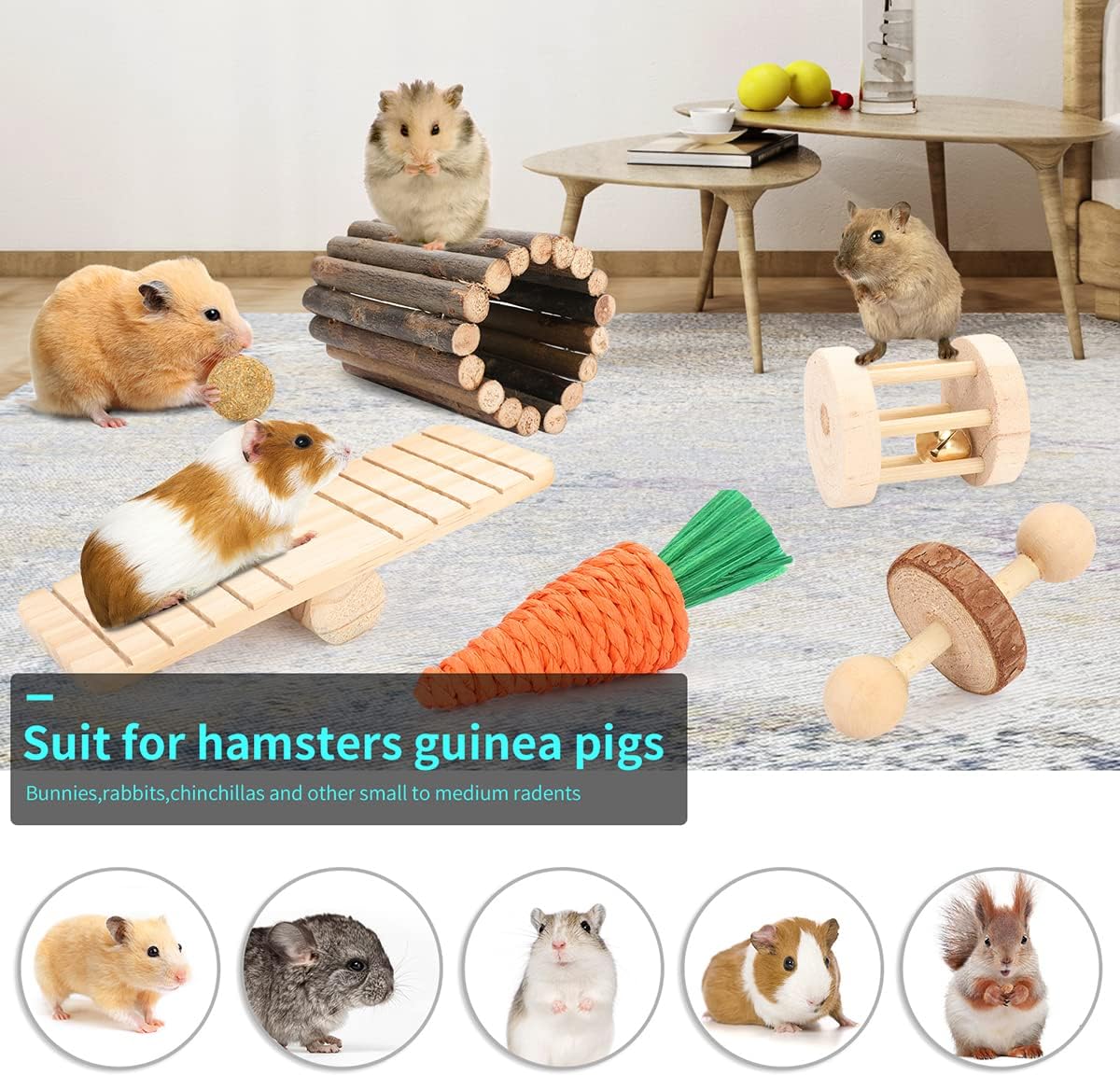 YIXUND Hamster Cage Accessories, 12 Different Chew Toys for Guinea Pig, Chinchillas, Gerbils, Mice, Rats, Mouse, Rabbit, Bunny Hideout Seesaw, Natural Molar Tools - Happypetzone.online - Image 3
