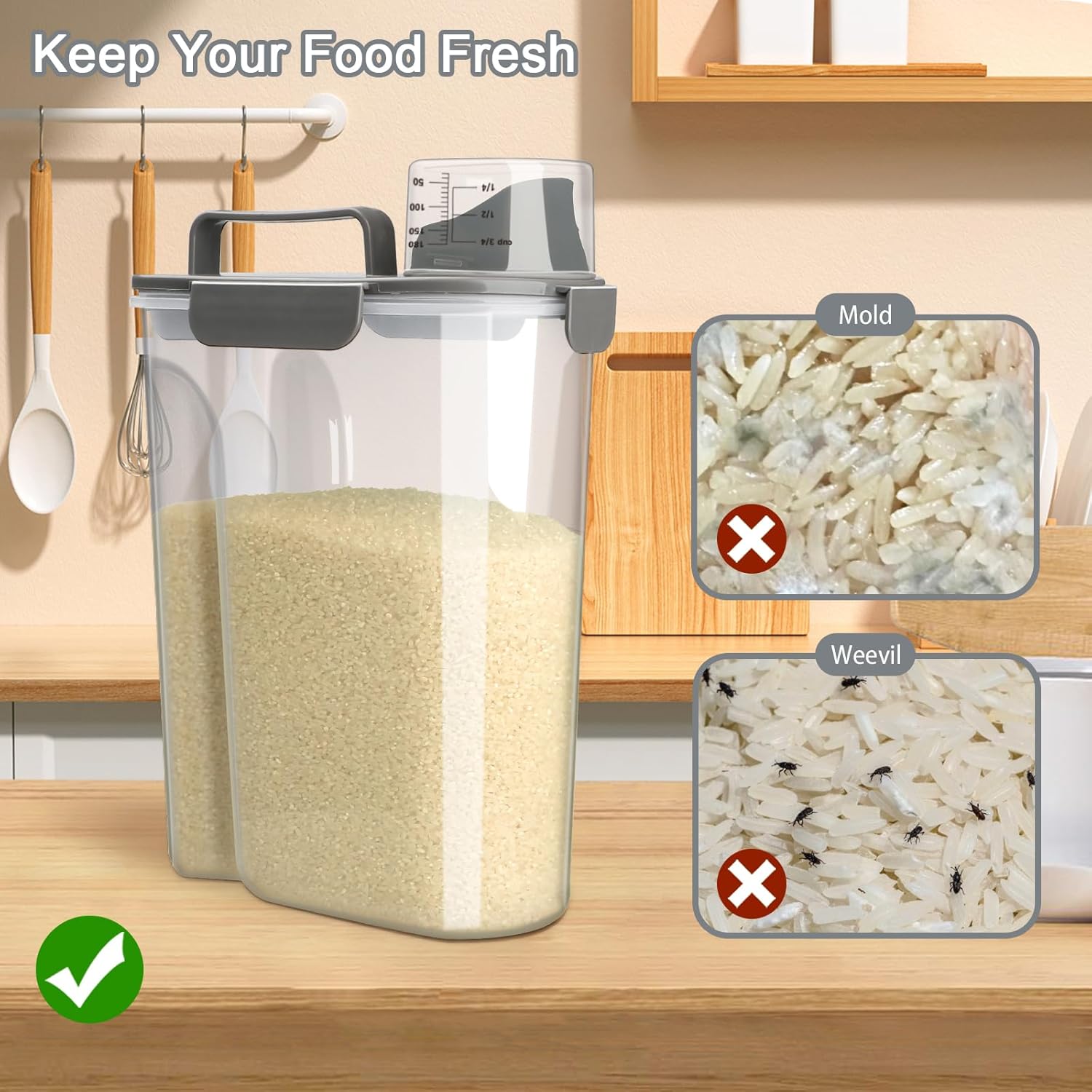 Komzon Rice Container, Airtight Rice Storage Container 10lb, Cereal Containers Storage, BPA Free Food Dispenser with Pouring Spout Handle for Flour Pasta Grain, Pet Dog Cat Bird Food Storage Container - Happypetzone.online - Image 5