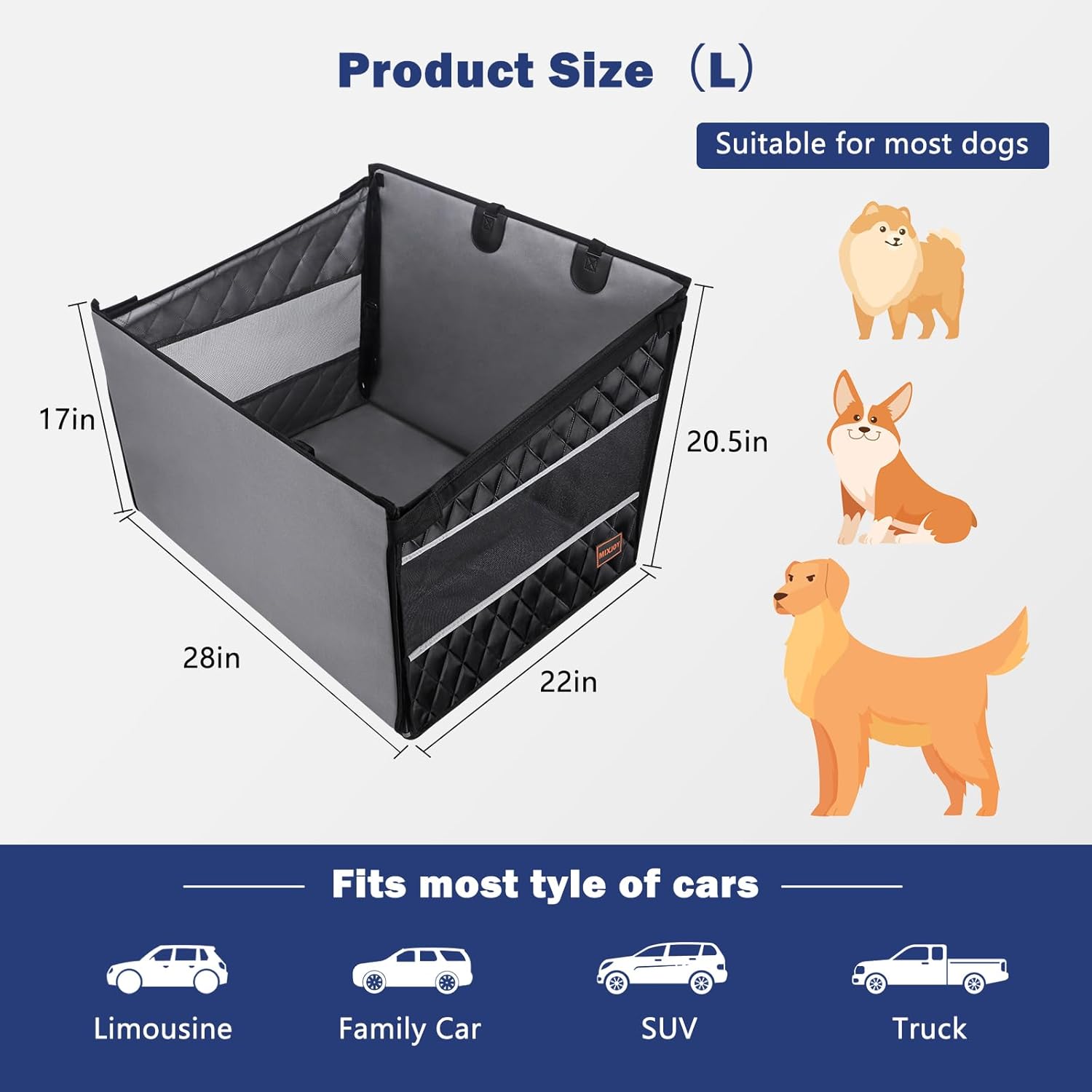 MIXJOY Dog Car Seat for Large Medium Dogs, Back Seat Extender for Pets, Waterproof Pet Carseat for Medium Sized Dog, Hammock for Pet, with Storage Pocket for Cars/SUV/Truck(L-28 * 22 * 20.5in) - Happypetzone.online - Image 3