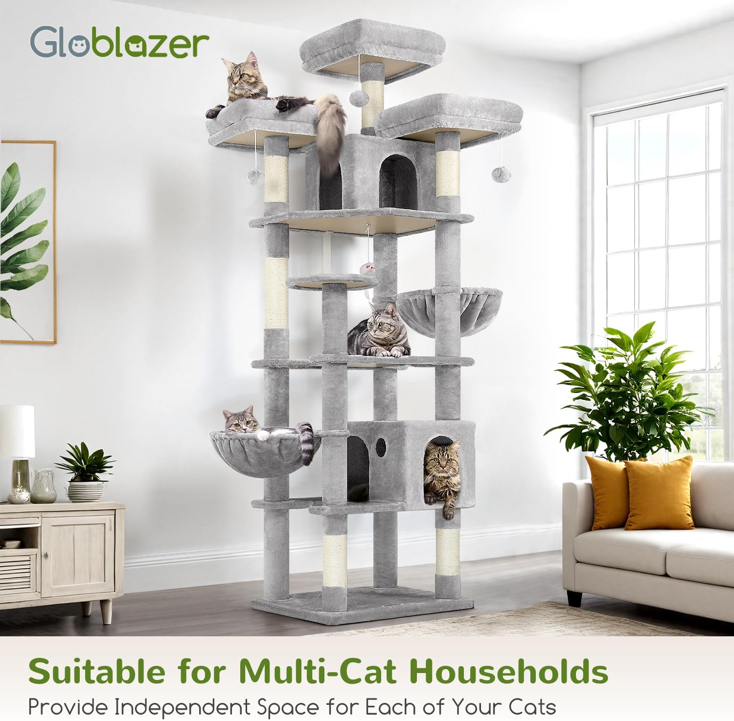 Globlazer Cat Trees and Towers for Multiple Adult Cats, 82-inch XXL Tall Cat Tree Tower for Indoor Cats with Scratching Post, 3 Perches, 2 Condos, 2 Hanging Baskets, F82, Light Grey - Happypetzone.online - Image 8
