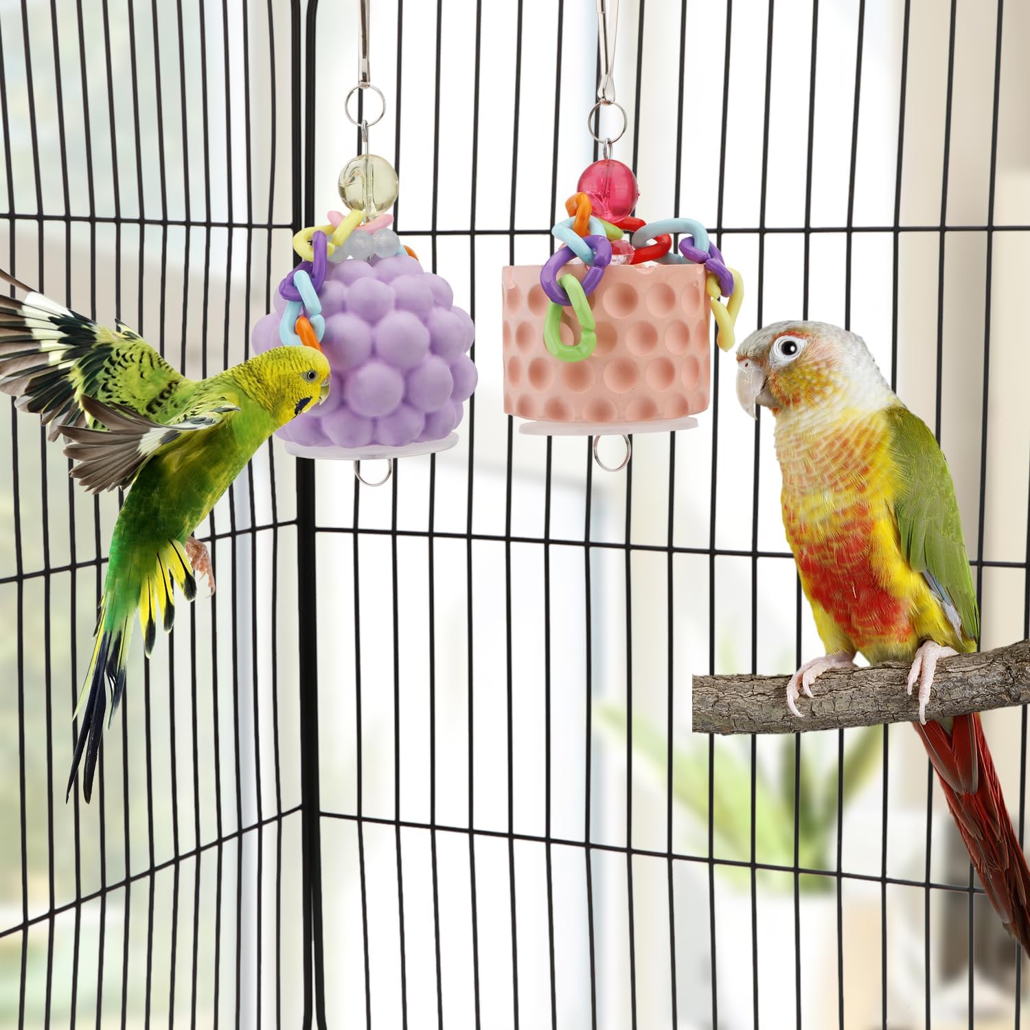 Wontee Bird Beak Grinding Stone Bird Calcium Block Chewing Treats Toy for Budgies Cockatiels Conures Quaker Senegal Parrot, 2PCS (Orange+Purple) - Happypetzone.online - Image 6