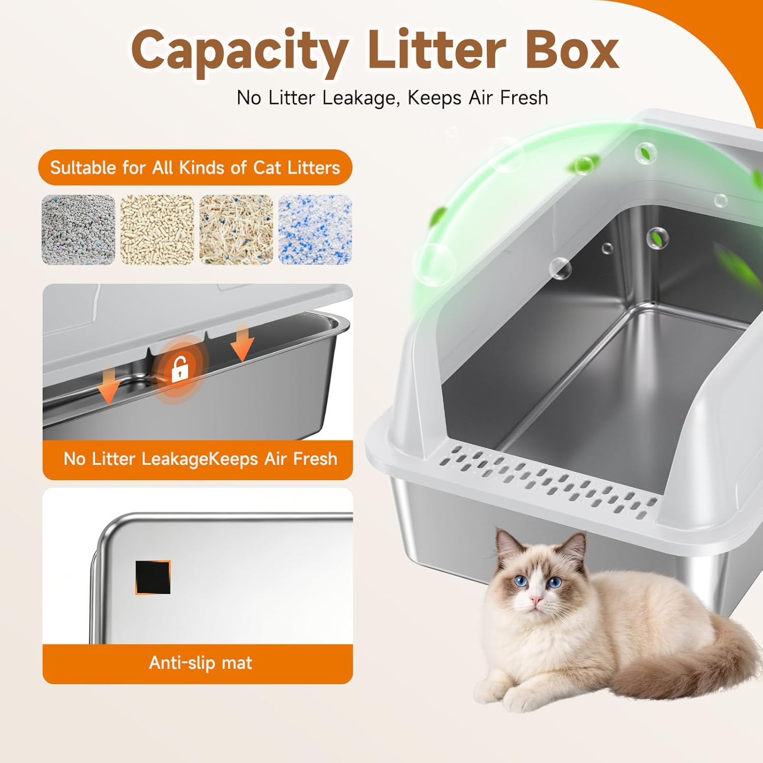 Stainless Steel Cat Litter Box XL for Big Cats, High-Sided Design Prevents Urine Leakage, Non-Stick, Easy to Clean, Includes Scoop, Gray - Happypetzone.online - Image 5