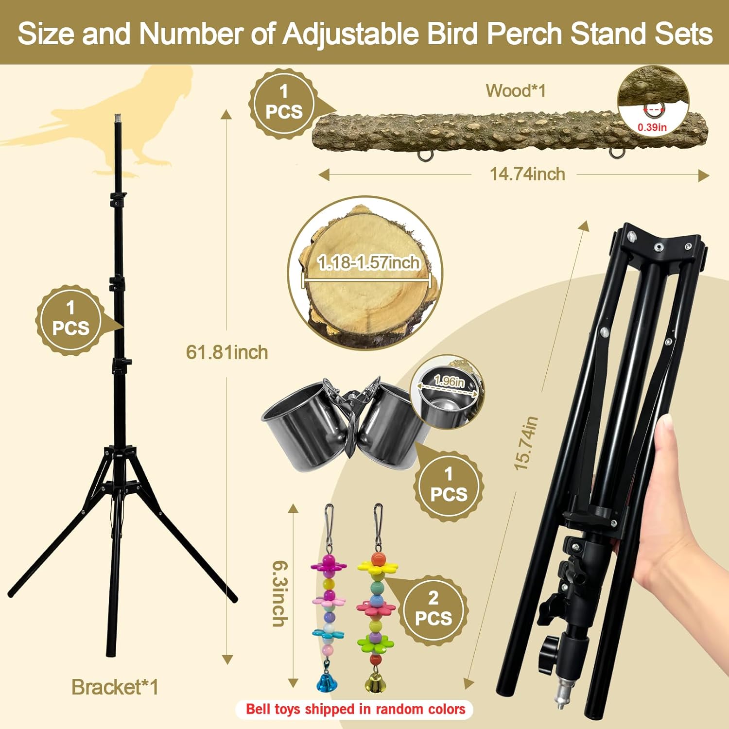 16-63 Inch Height Adjustable Bird Perch Pepper Wood Parrot Training Perch Stand with Feeding Cups and Swing Toy Parakeet Perches Indoor and Outdoor Parrot Stands for Small to Medium Bird - Happypetzone.online - Image 4