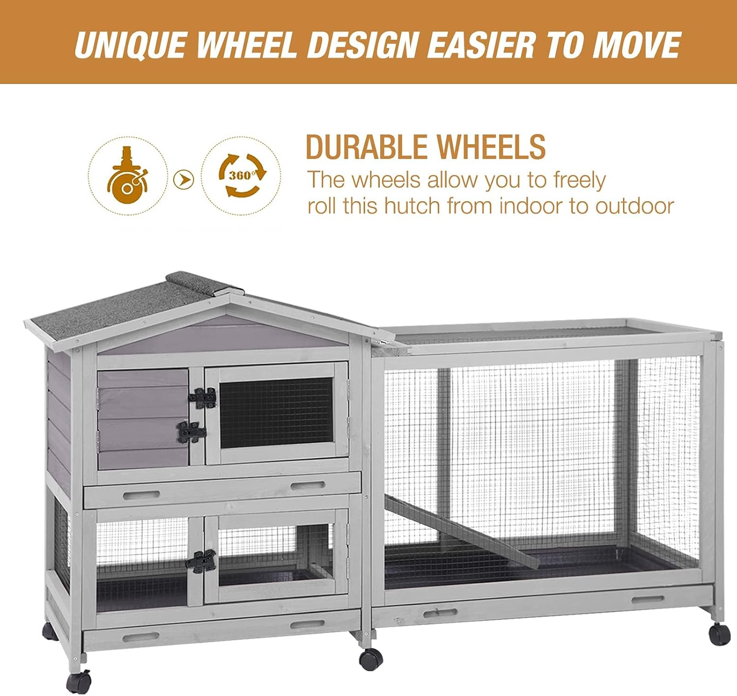 Bunny Cage Indoor and Outdoor Rabbit Hutch with Casters Waterproof Roof, Pull Out Tray from Back and Front 61.2" L x 22.6" W x 33.5" H - Happypetzone.online - Image 4