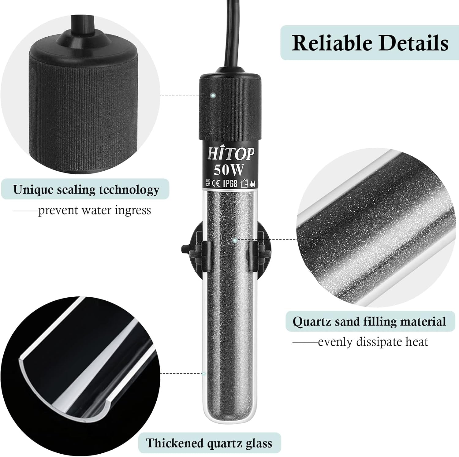 HITOP Mini Submersible Aquarium Heater -50W Digital Heater for Fish Tank Turtle Tank, for Saltwater and Fresh Water with Temperature Controller - Happypetzone.online - Image 6