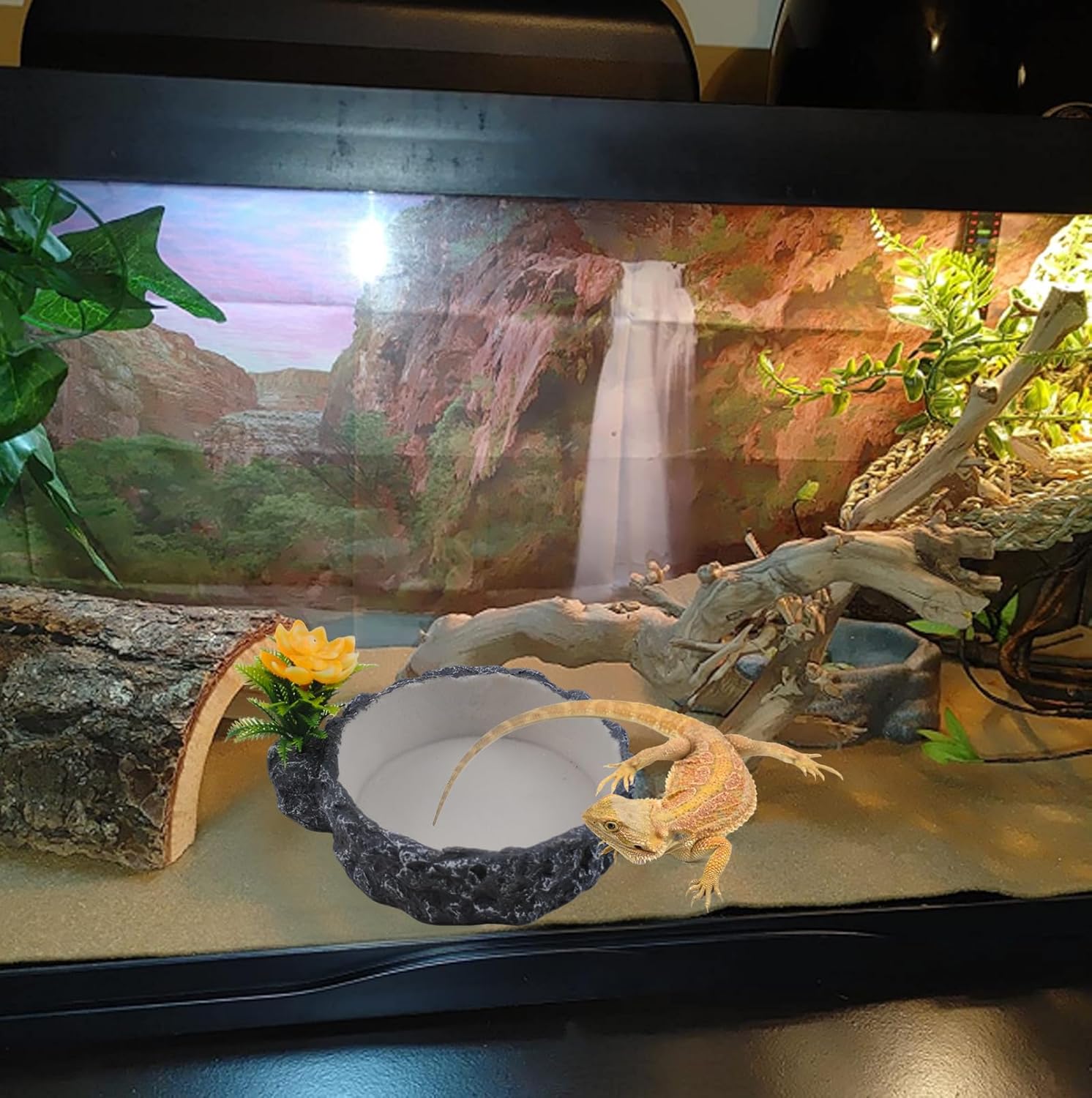 Reptile Food Bowl with Artificial Plant,Rock Reptile Water Dish Bearded Dragon Feed Terrariums Dish for Snake Tortoise Chameleon Hermit Crabs Turtle Leopard Gecko Frog - Happypetzone.online - Image 3