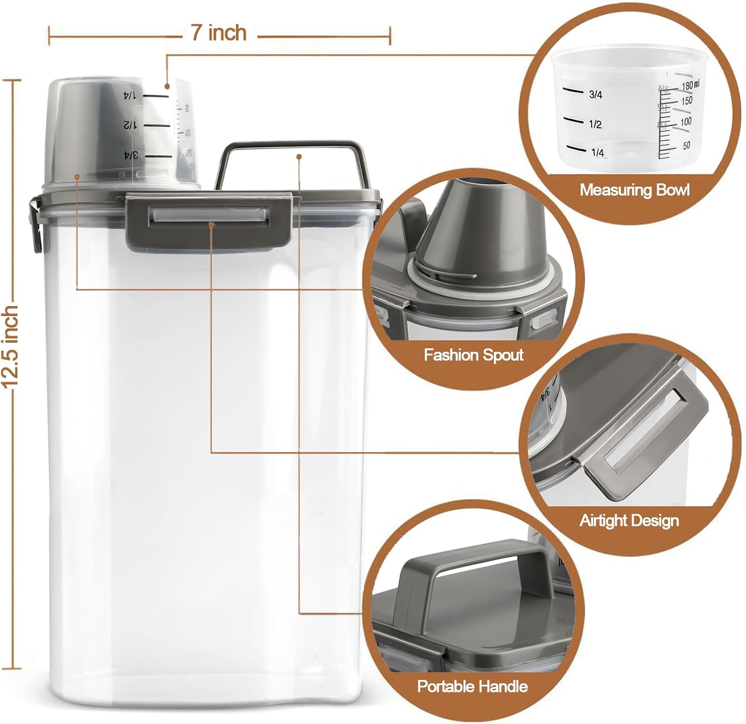 TIOVERY Upgraded Dog Food Storage Container Small, Cat Food Container Airtight, Pet Food Container Dispenser with Pour Spout, Measuring Cup and 4 Seal Buckles for Dogs, Cats, Birds (Grey) - Happypetzone.online - Image 4