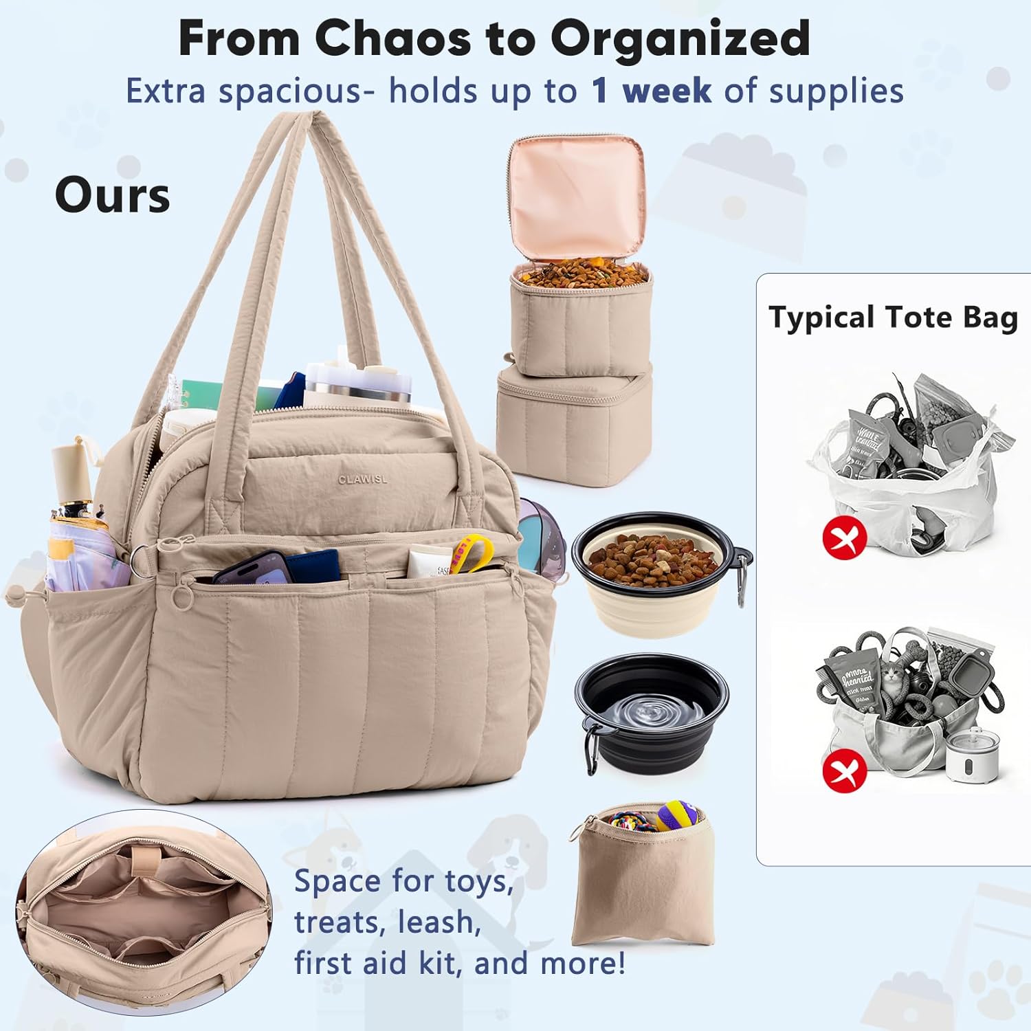 Dog Travel Bag for Supplies, Airline Approved Pet Travel Organizer with 2 Food Containers & Collapsible Bowls, Large Capacity Dogs Tote Bag for Weekend, Stylish Dog Mom Gift for Pet Lovers - Happypetzone.online - Image 6