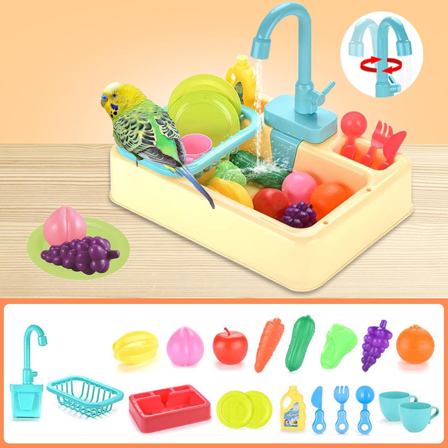 Parrot Bird Bathtub Shower Box Bathing Tub Container Cage, Automatic Pet Bird Bath with Faucet, Ferret Bathtub Swimming Pool Bath Shower Water Dispenser for Small Medium Parakeet Cleaning (Yellow) - Happypetzone.online - Image 3