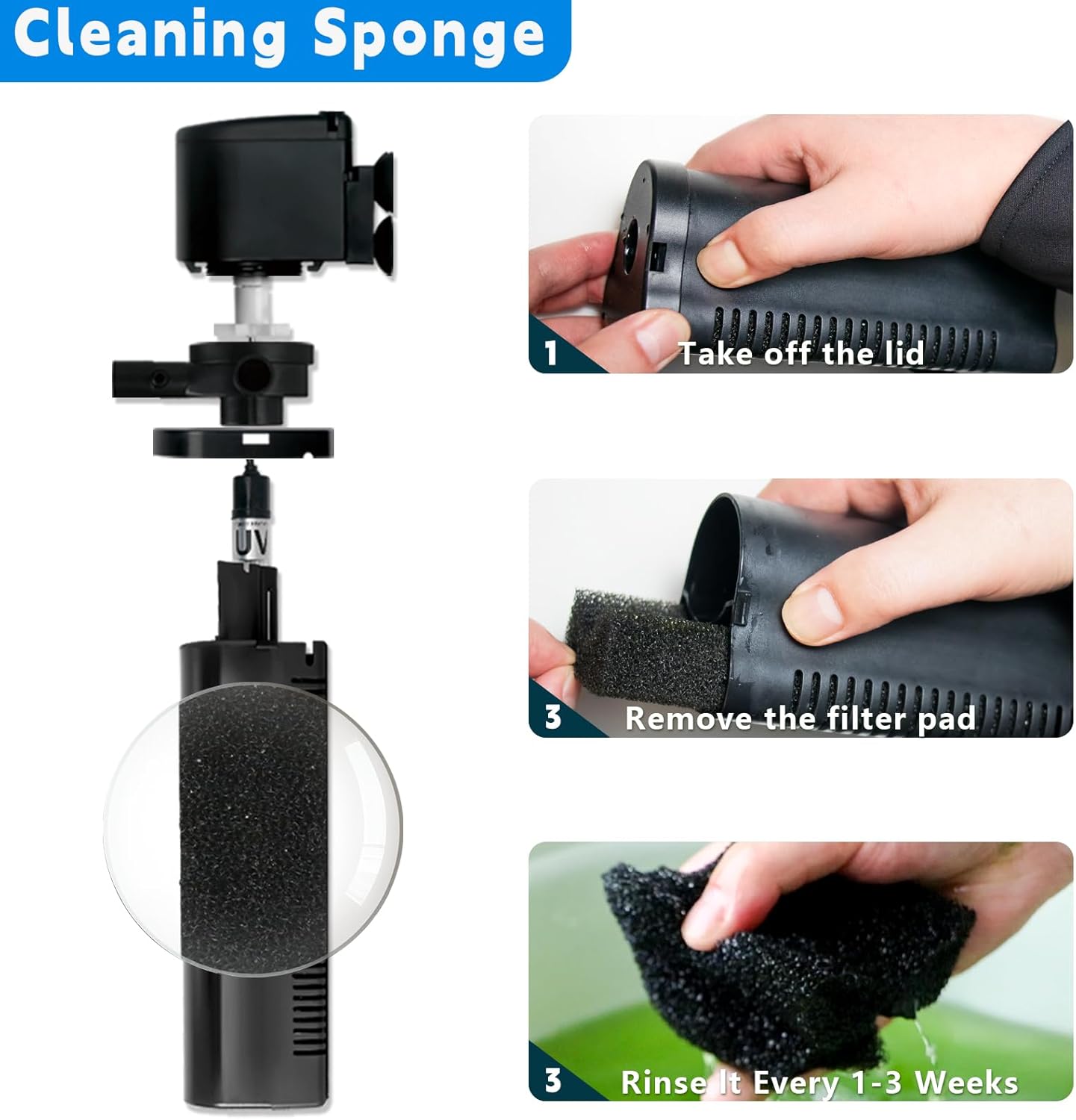 158GPH Small Aquarium Filter, UV Sterilizer for Aquarium for 10-45 Gallon Tank, Internal Pump for Turtle Betta Fish Tank Filter Silent 4-in-1 Green Killing Machine with Fish Tank Filters Deodorization - Happypetzone.online - Image 8