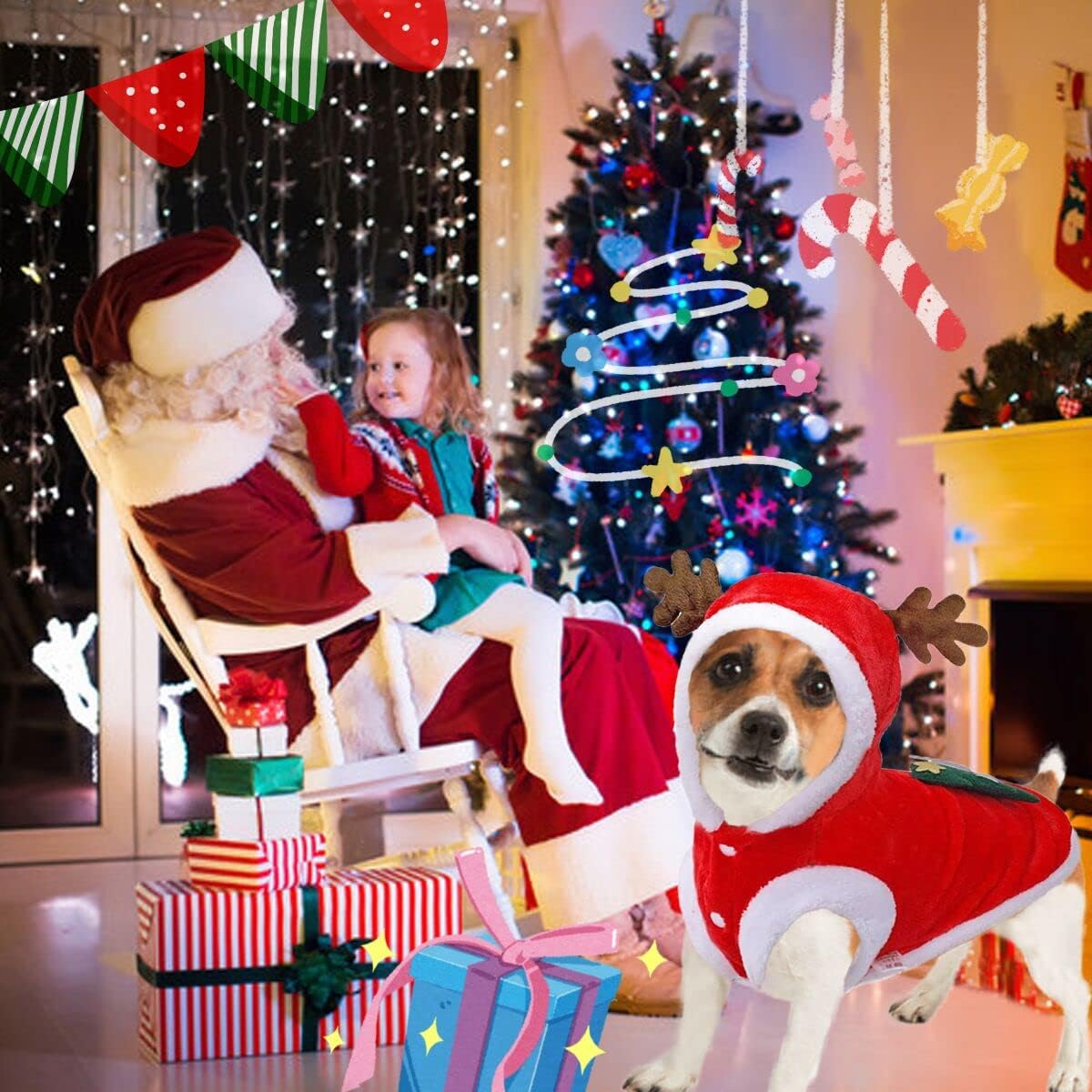 Dog Christmas Costumes, Pet Cold Weather Sweater Coat, Puppy Santa Claus Reindeer Outfit Winter Hoodie Warm Vest Clothes, Jumpsuit Apparel for Small Medium Dogs Cats Party Cosplay (Medium, Red) - Happypetzone.online - Image 3