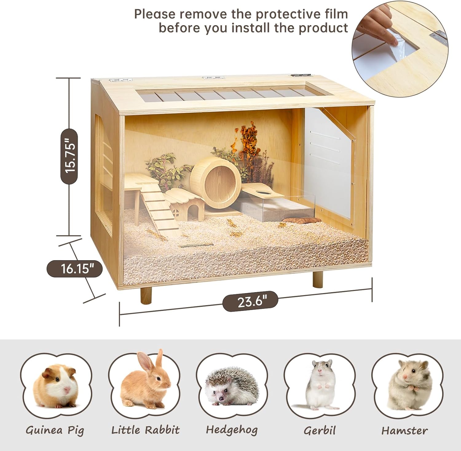 Wooden Hamster Cage - 24 inch Guinea Pig Cage Clear Small Animal cage with Open top Hamster Habitat Wooden Frame with Acrylic Panel - Happypetzone.online - Image 2
