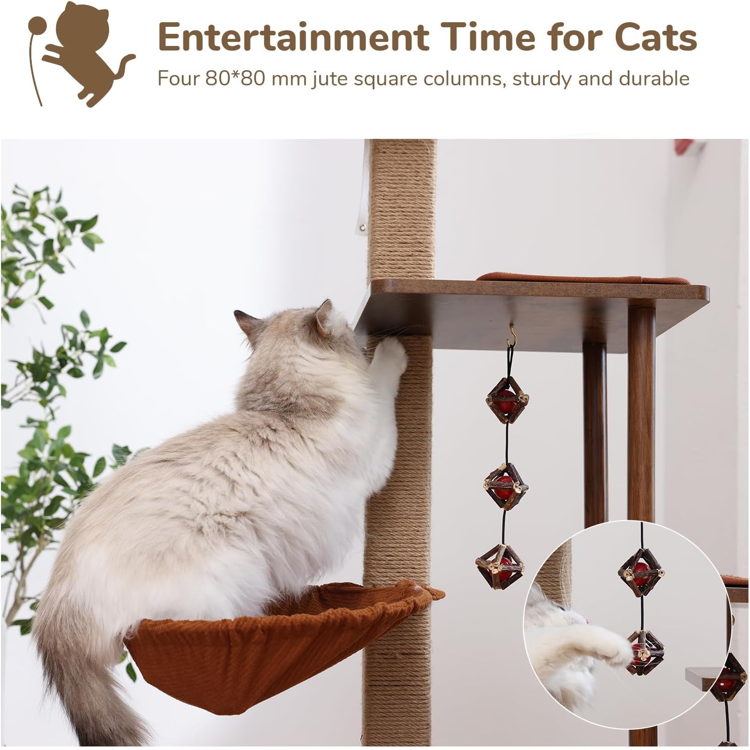 FUKUMARU Cat Tree, 4 in 1 Large Modern Cats Tower with Jute Scratching Post and Hammock, Wood Cat Condo with silvervine Balls, Brown Cat Climber Stand Playhouse for Indoor Cats, Retro Style - Happypetzone.online - Image 7