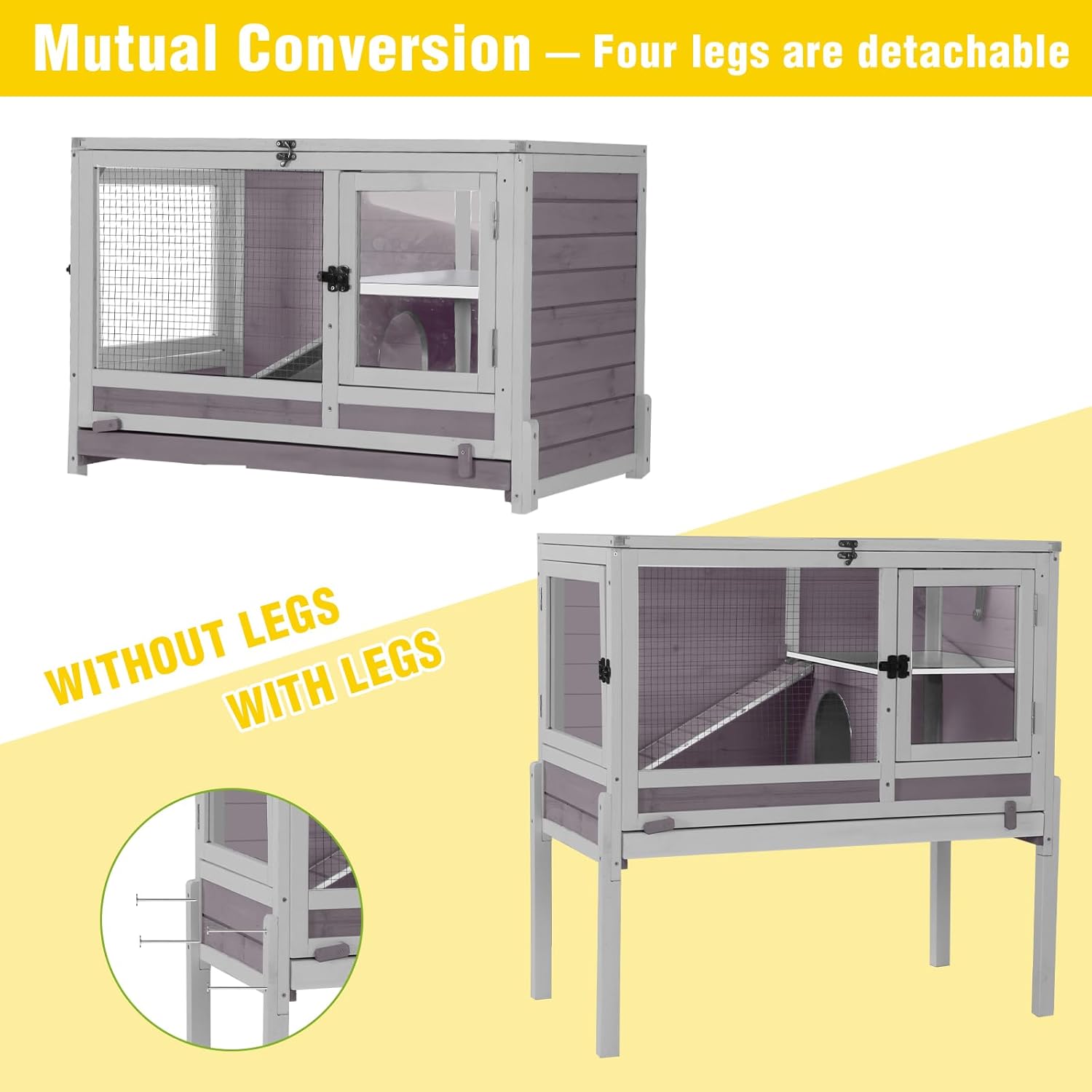 Aivituvin 2-Story Indoor Rabbit Hutch Guinea Pig Cage with Stand, Wooden Bunny Cage Small Animal Cages with Chew-Proof Ramp, Pull-Out Tray & Leakproof PVC Layer (Grey) - Happypetzone.online - Image 7