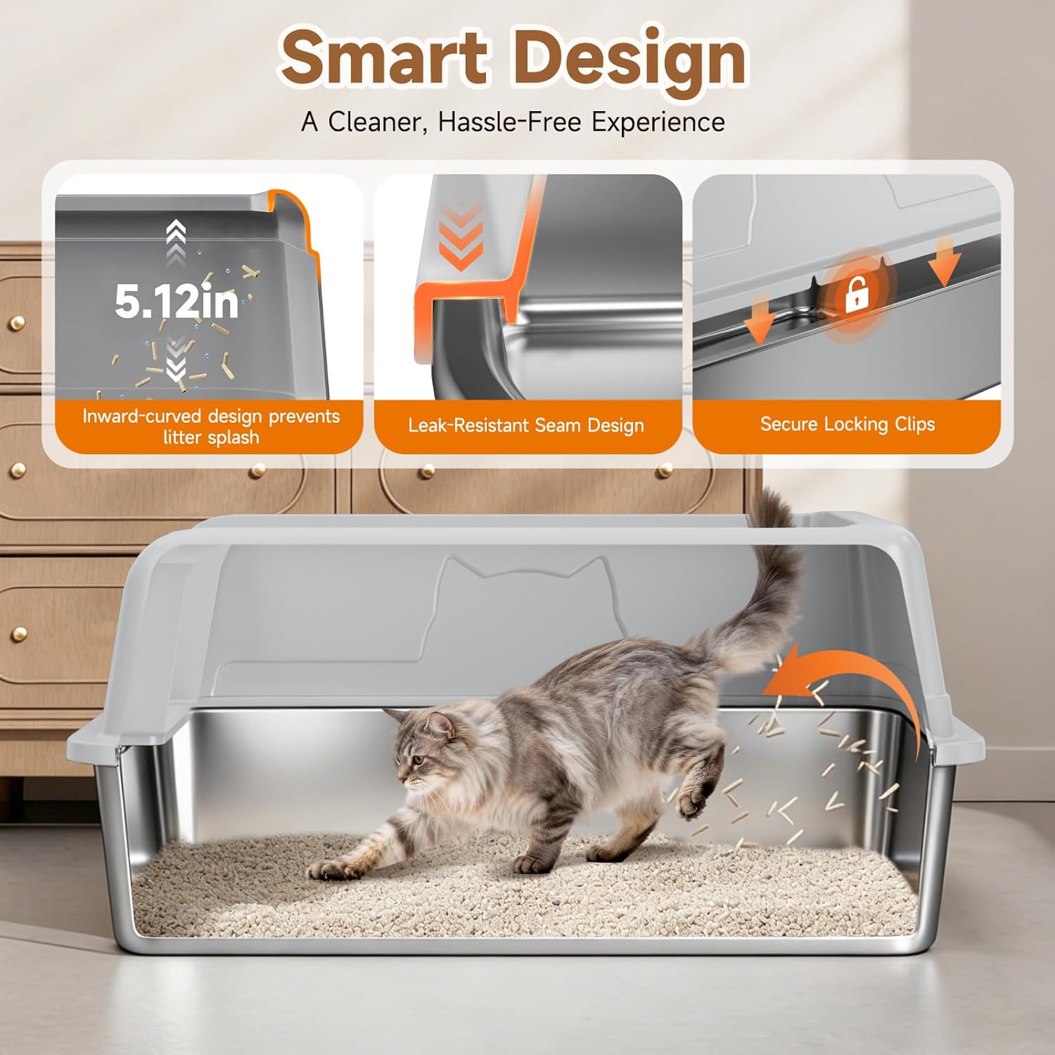 Stainless Steel Cat Litter Box XL for Big Cats, High-Sided Design Prevents Urine Leakage, Non-Stick, Easy to Clean, Includes Scoop, Gray - Happypetzone.online - Image 4