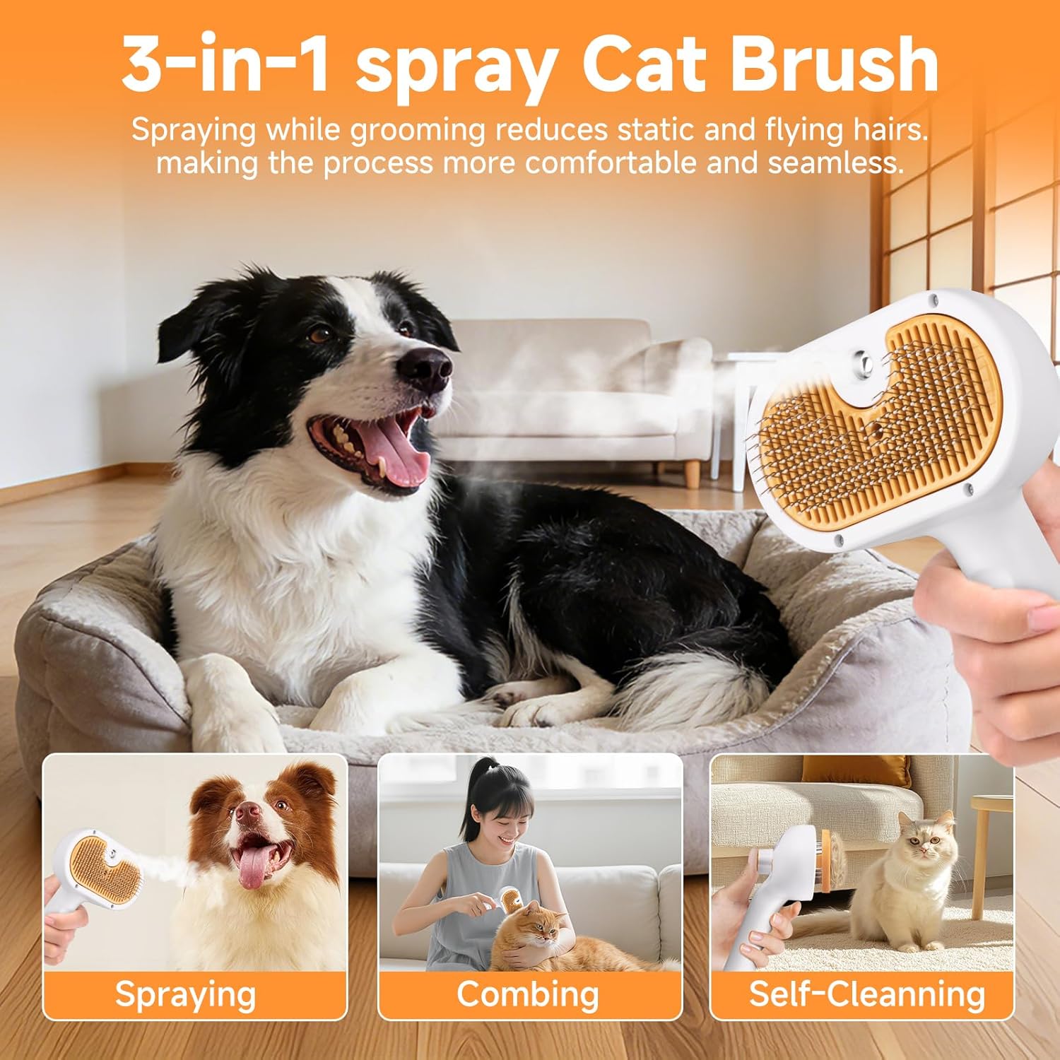 Pet Steam Brush for Dog & Cat – 3-in-1 Spray Hair Removal Comb for Shedding & Grooming, Softens Fur & Reduces Static – Water Brush for Long & Short Coats, Bath-Hating Pets, Includes Waterless Shampoo - Happypetzone.online - Image 4