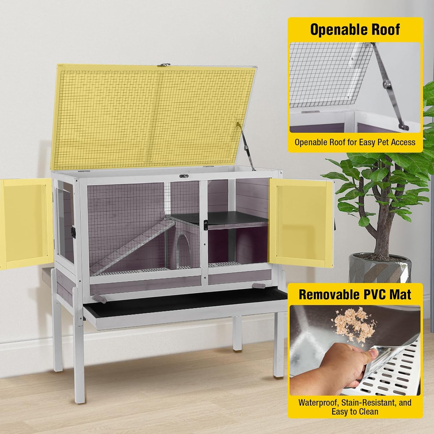 Aivituvin 2-Story Indoor Rabbit Hutch Guinea Pig Cage with Stand, Wooden Bunny Cage Small Animal Cages with Chew-Proof Ramp, Pull-Out Tray & Leakproof PVC Layer (Grey) - Happypetzone.online - Image 5