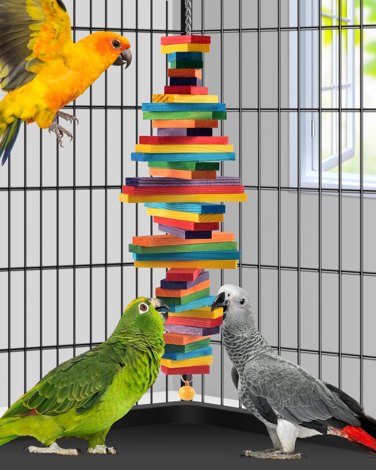 Bissap Bird Chew Toys, Multicolored Bagel Cascade Bird Parrot Chewing Sticks Biting Wooden Blocks Toy for Medium Amazon Cockatiels Cockatoos Macaws and Similar Sized Pet Birds - Happypetzone.online - Image 5