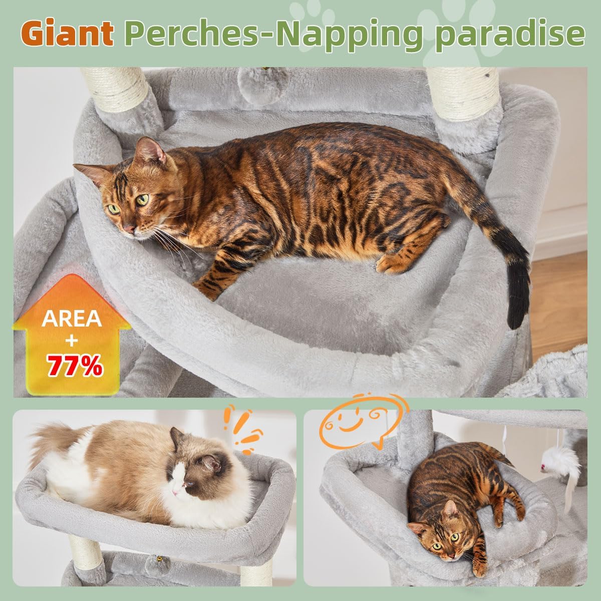 Taoqimiao 71 Inches Cat Tree for Large Cats 20lbs+, 3 Giant Perches, Multi-Level Cat Tree Tower, Widened Cat Condo with 9 Scratching Posts, Luxurious Hammcock & Basket, Light Gray, MS034W - Happypetzone.online - Image 3