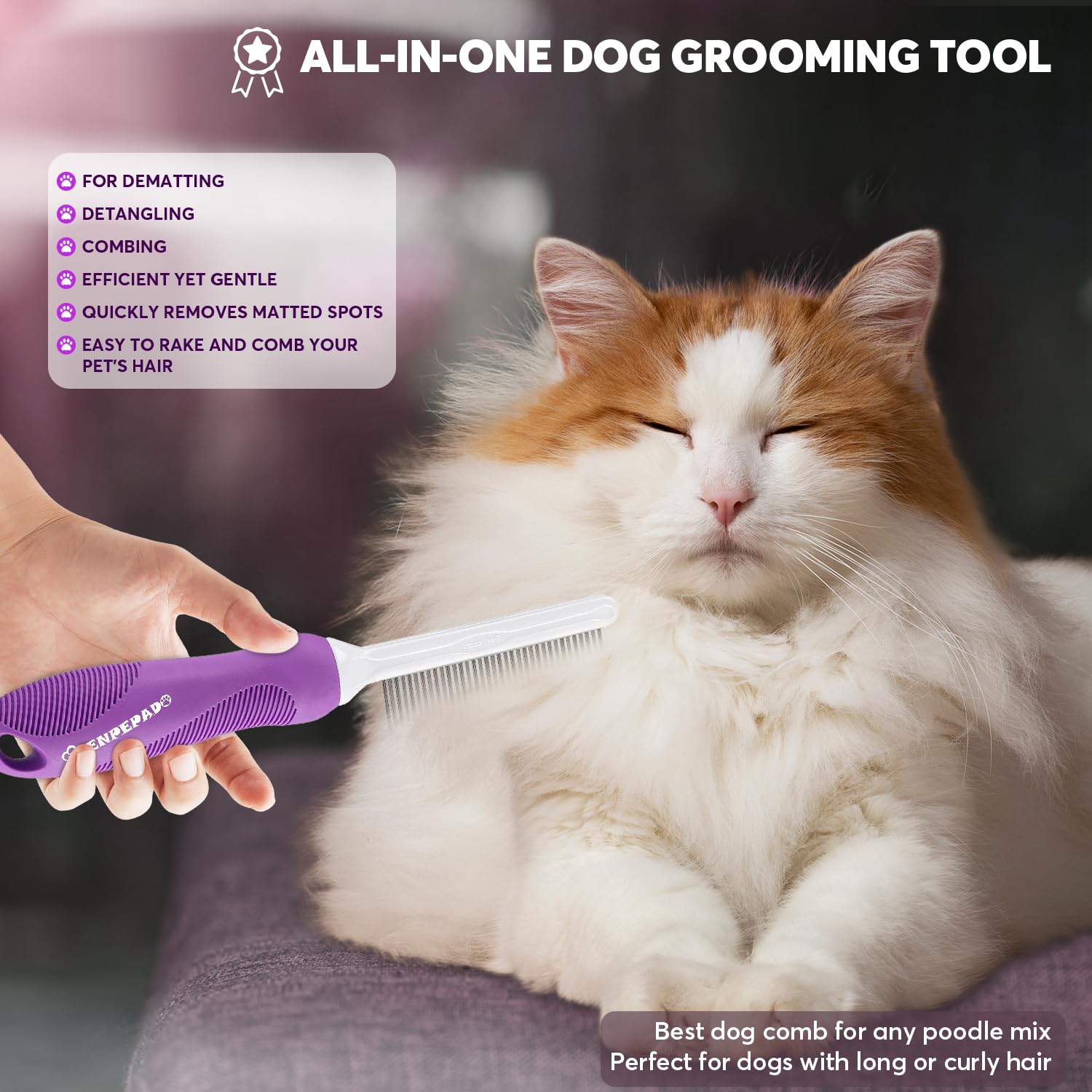 GENPEPADO Grooming Comb for Dogs and Cats with Matted Hair, Detangling Pet Comb with Long and Short Stainless Steel Metal Fine Teeth for Removing Mats, Tangles, Knots & Loose Fur from The Undercoat - Happypetzone.online - Image 5