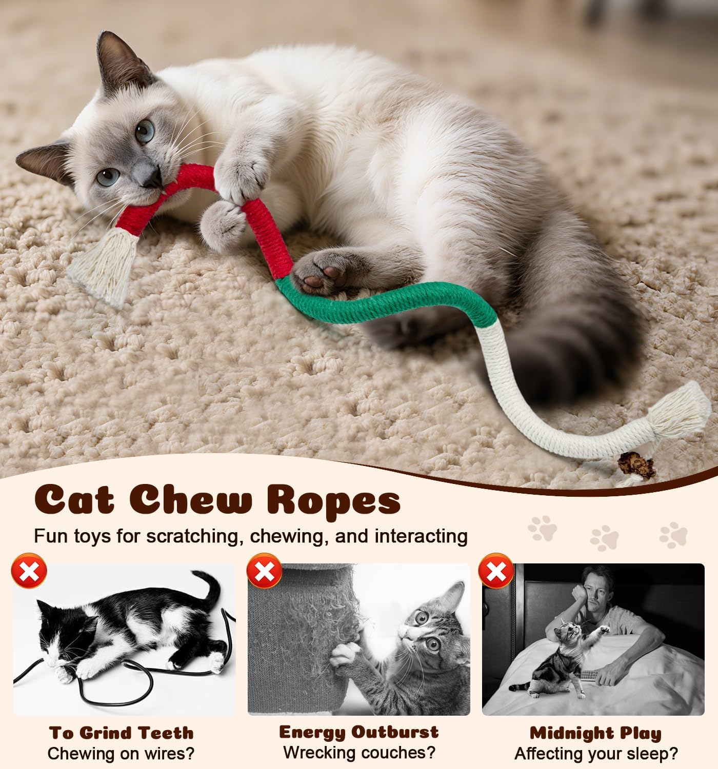 Cat Chew Ropes 4Pcs, Cat Toys for Indoor Cats with Refillable Natural Catnip, Safe Teeth Cleaning Chew Toys, Interactive Kitten Nip Toys and All Breeds (19.5 Inches) - Happypetzone.online - Image 2
