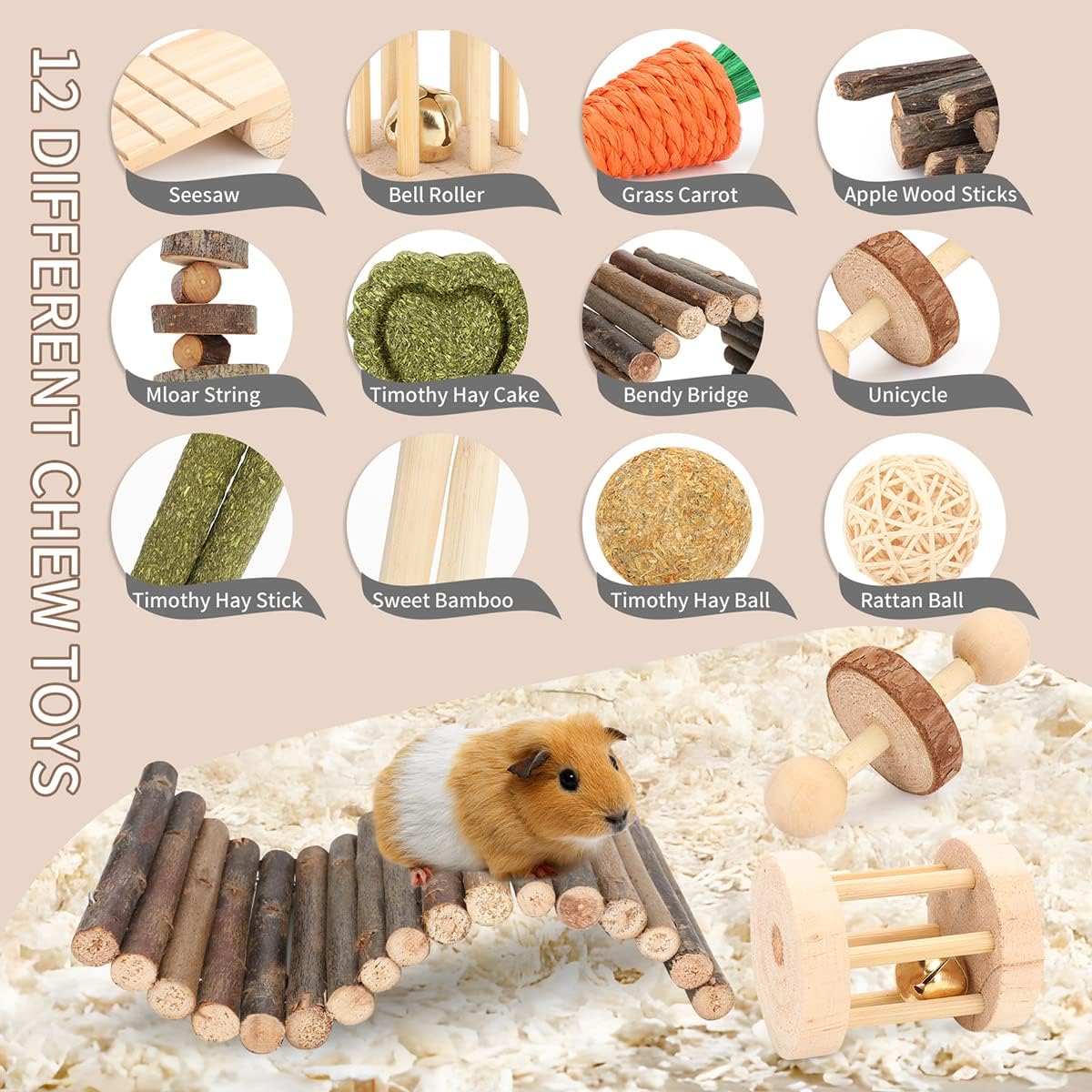 YIXUND Hamster Cage Accessories, 12 Different Chew Toys for Guinea Pig, Chinchillas, Gerbils, Mice, Rats, Mouse, Rabbit, Bunny Hideout Seesaw, Natural Molar Tools - Happypetzone.online - Image 4
