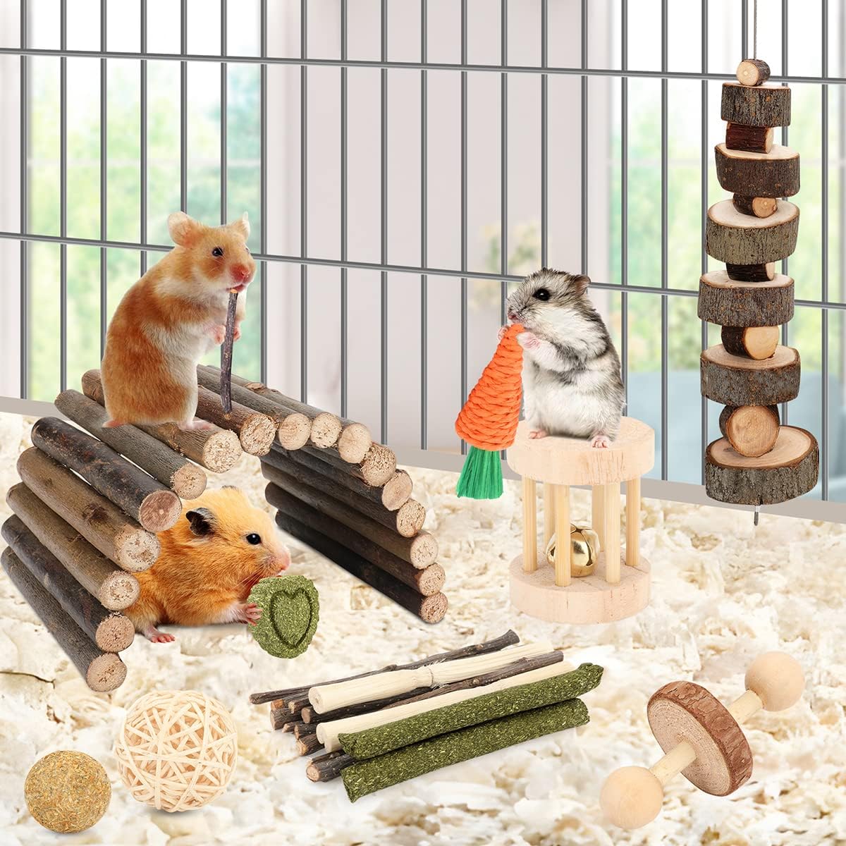 YIXUND Hamster Cage Accessories, 12 Different Chew Toys for Guinea Pig, Chinchillas, Gerbils, Mice, Rats, Mouse, Rabbit, Bunny Hideout Seesaw, Natural Molar Tools - Happypetzone.online - Image 2