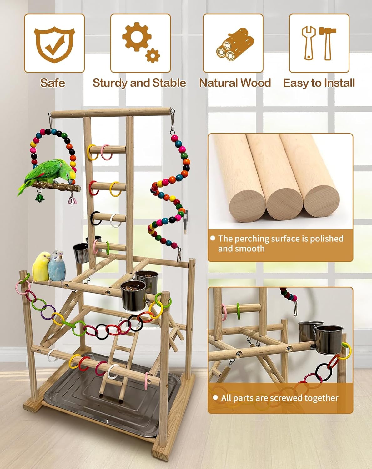 Bird Play Stand, Large Parakeet Playground, Natural Wood Parrot Perch Stand, Birds Play Gym Cockatoos Cage Accessories with Feeder Cups Swings for Cockatiel Budgie Conure - Happypetzone.online - Image 6