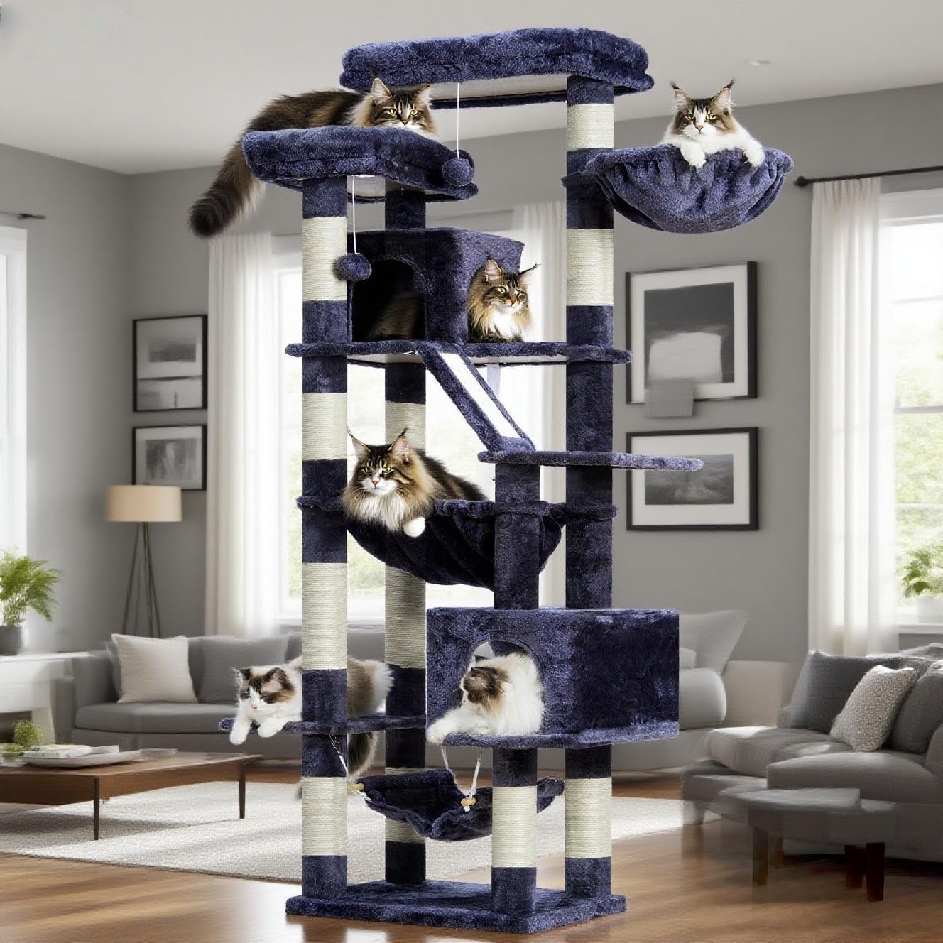 Heybly Cat Tree, 71-Inch-Tall Tower for Indoor Cats with 2 Perches, 2 Big Condos, 2 Hammocks, Basket, Scratching Pad, Large Cat Furniture and Condo, Smoky Gray HCT034G - Happypetzone.online - Image 5