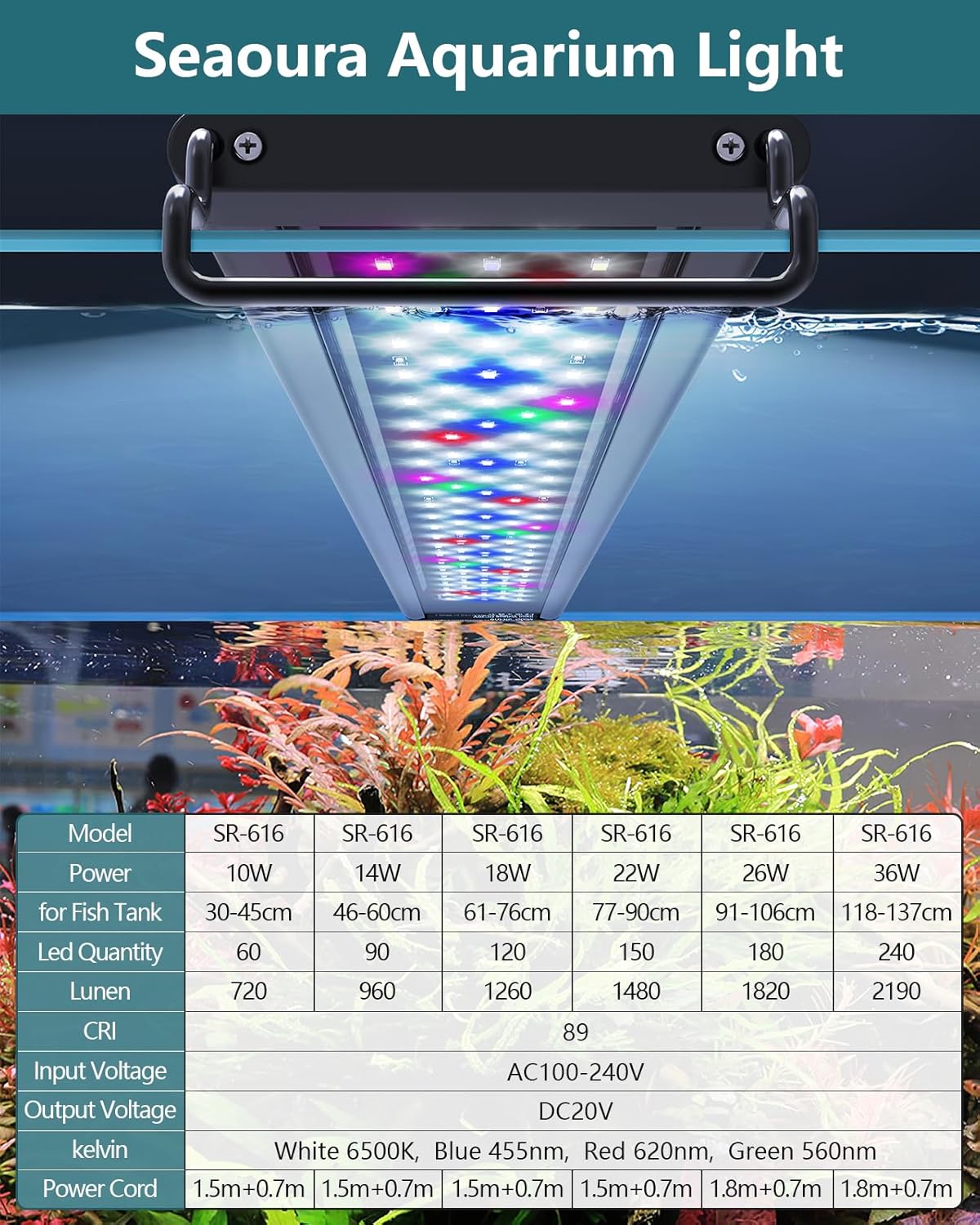 SEAOURA Led Aquarium Light for Plants-Full Spectrum Fish Tank Light with Timer Auto On/Off, 12-18 Inch, Adjustable Brightness, White Blue Red Green Pink LEDs with Extendable Brackets for Freshwater - Happypetzone.online - Image 6