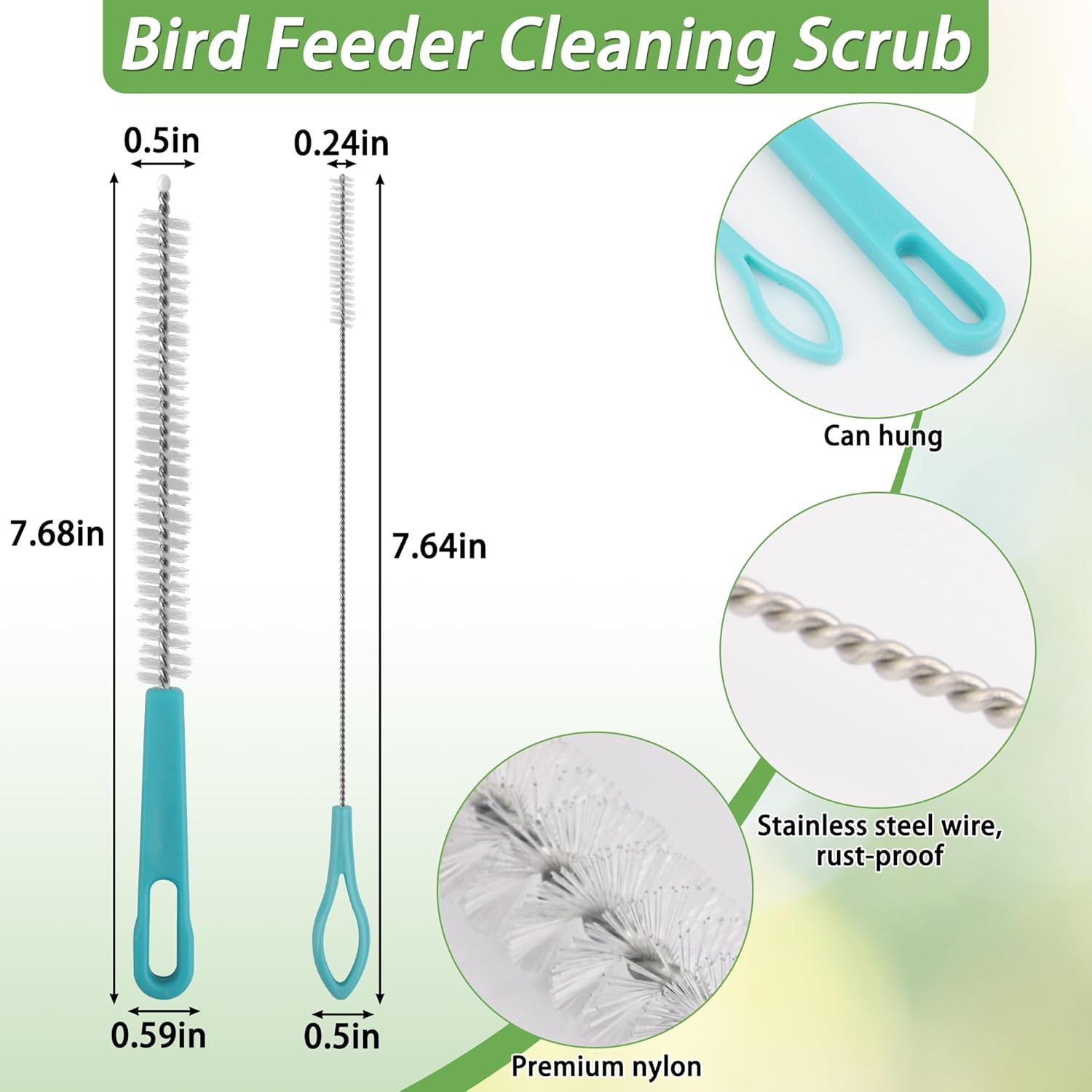 5Pcs Bird Bath Brush Kit, Larbeti 1P Hard Silk Bristle Bird Bath Cleaner Brush, 2P Hummingbird Feeder Cleaning Scrub, 1P Steel Wire Scrub, 1P Clean-Cloth to Hummingbird Feeders, Bath Feeder - Happypetzone.online - Image 4