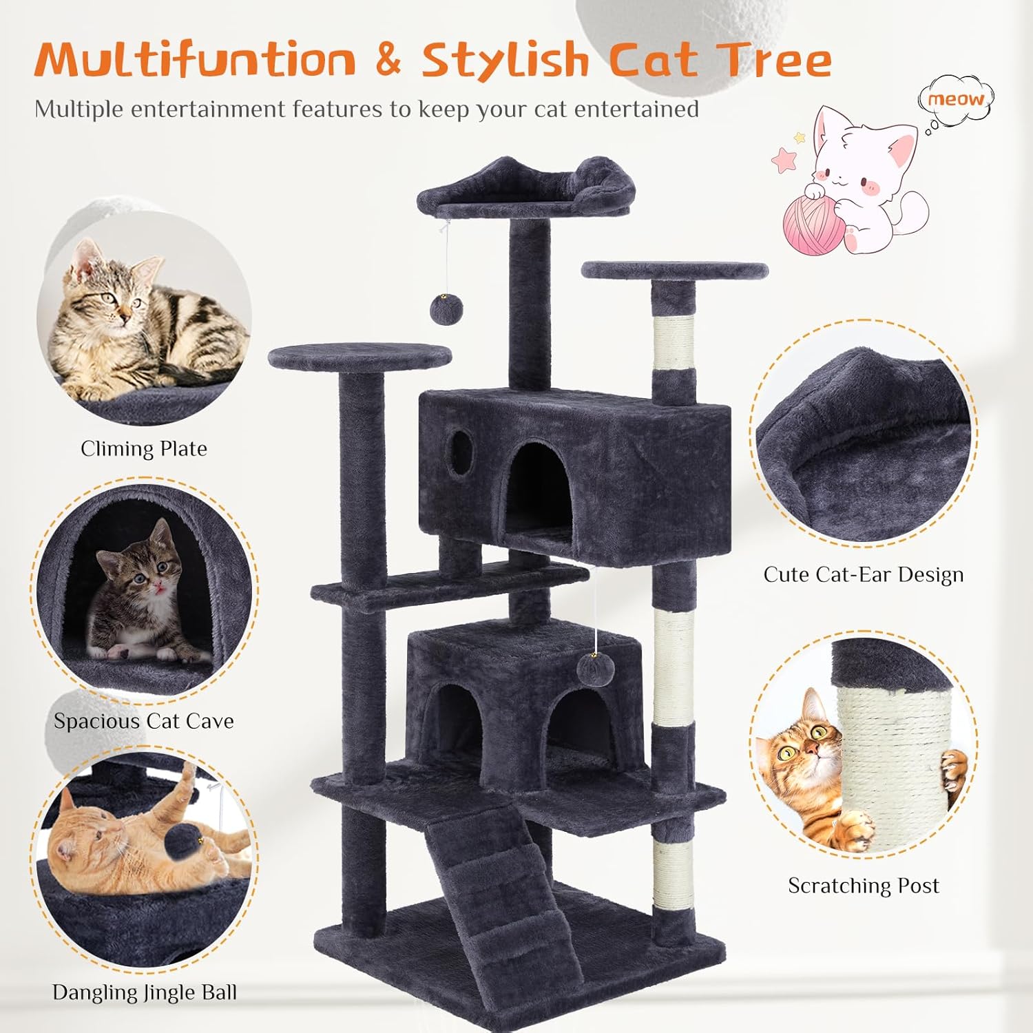 Sweetcrispy 54 Inch Cat Tree Tower, Multi-Level Tower with Cat Scratching Post, Indoor Cat Condo with Climbing Ladder, Plush Toy, Play House for Cat, Dark Grey - Happypetzone.online - Image 4