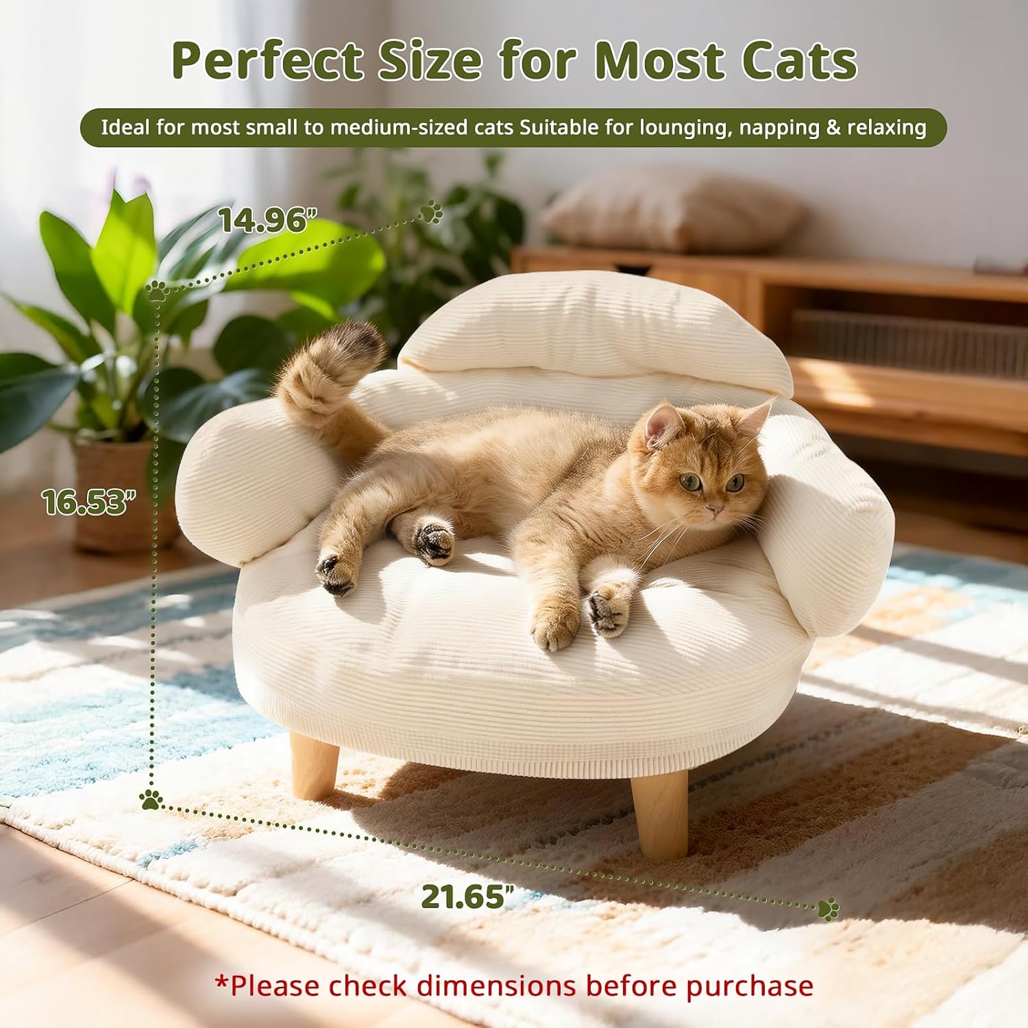 Cat Sofa Furniture-Style Pet Bed with Removable Cotton Velvet Cover, Solid Pine Wood Legs, for Cats and Small Dogs, White - Happypetzone.online - Image 3