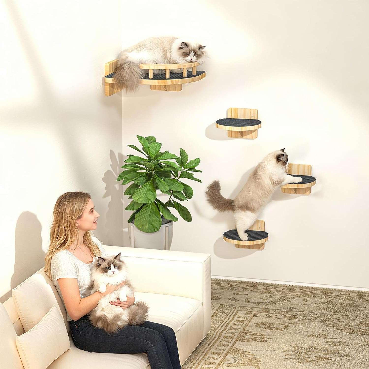 XiaZ Cat Wall Shelves, Corner Cat Shelf with 3 Wide Perch Steps, Kitty Wall Climber Wooden Furniture up to 25lbs, Modern Floating Cats Stairs for Indoor Sleeping, Playing, Climbing - Happypetzone.online - Image 6