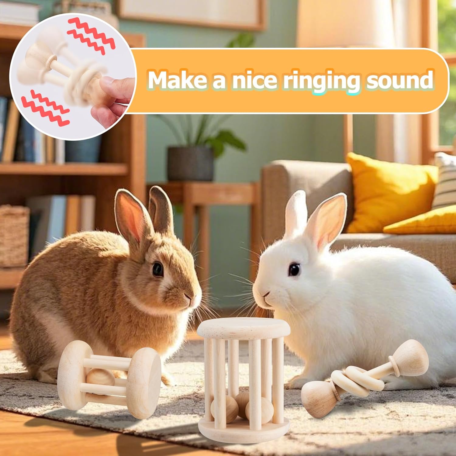 AOWPFVV 3 Pcs Natural Wooden Bunny Toys, Safe Rabbit Toys for Guinea Pig Chinchillas Hamsters Small Animals Playing Teeth Grinding Indoor Outdoor - Happypetzone.online - Image 3