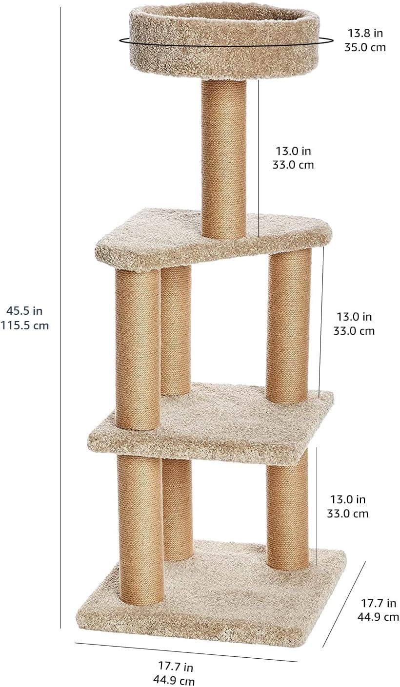 Amazon Basics Cat Tree Tower - Multi-Level Climbing Activity Center for Indoor Cats & Kittens with Scratching Posts, Platform, Jute Rope, Large (45.9"H), Beige - Happypetzone.online - Image 2