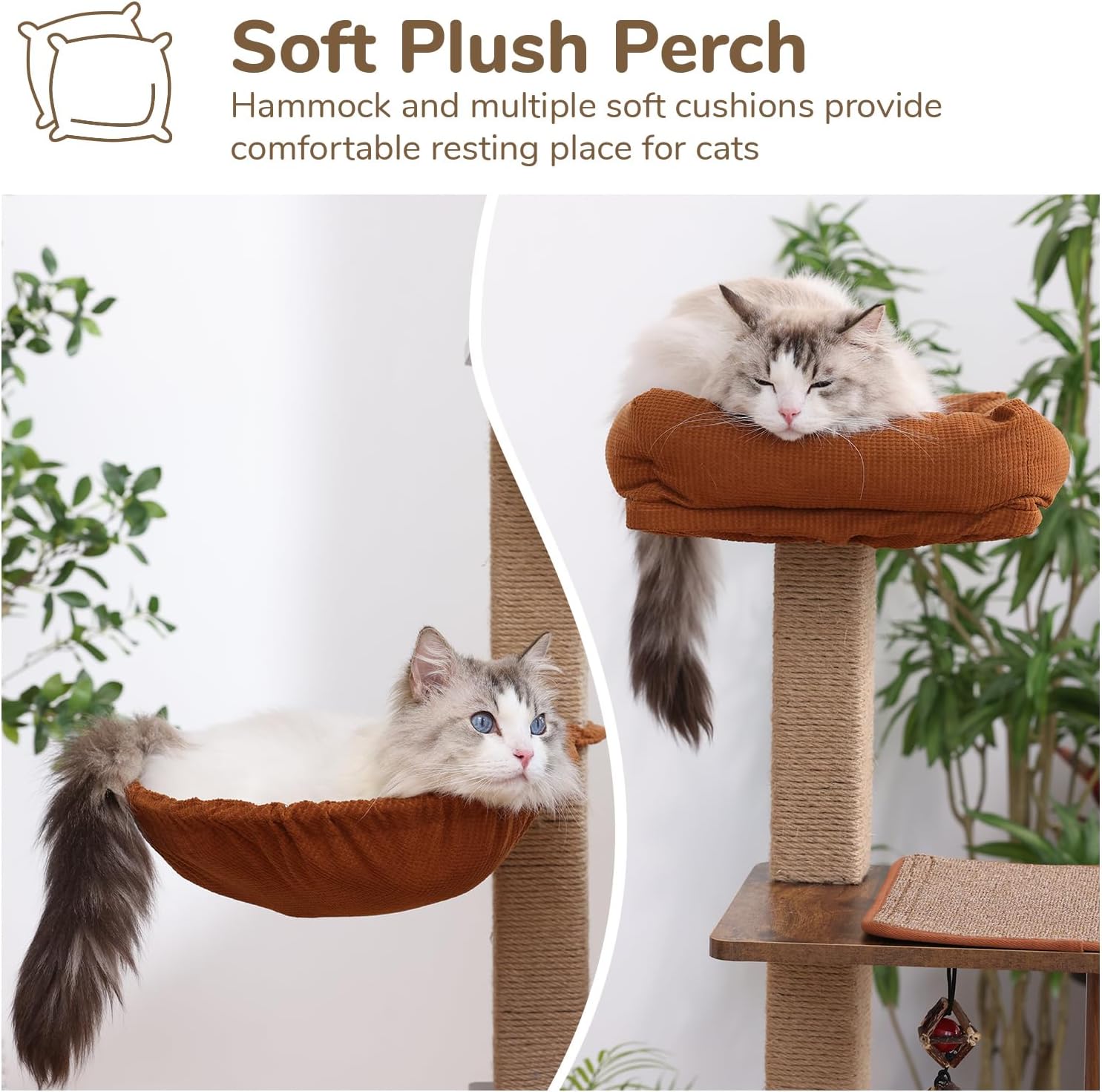 FUKUMARU Cat Tree, 4 in 1 Large Modern Cats Tower with Jute Scratching Post and Hammock, Wood Cat Condo with silvervine Balls, Brown Cat Climber Stand Playhouse for Indoor Cats, Retro Style - Happypetzone.online - Image 5