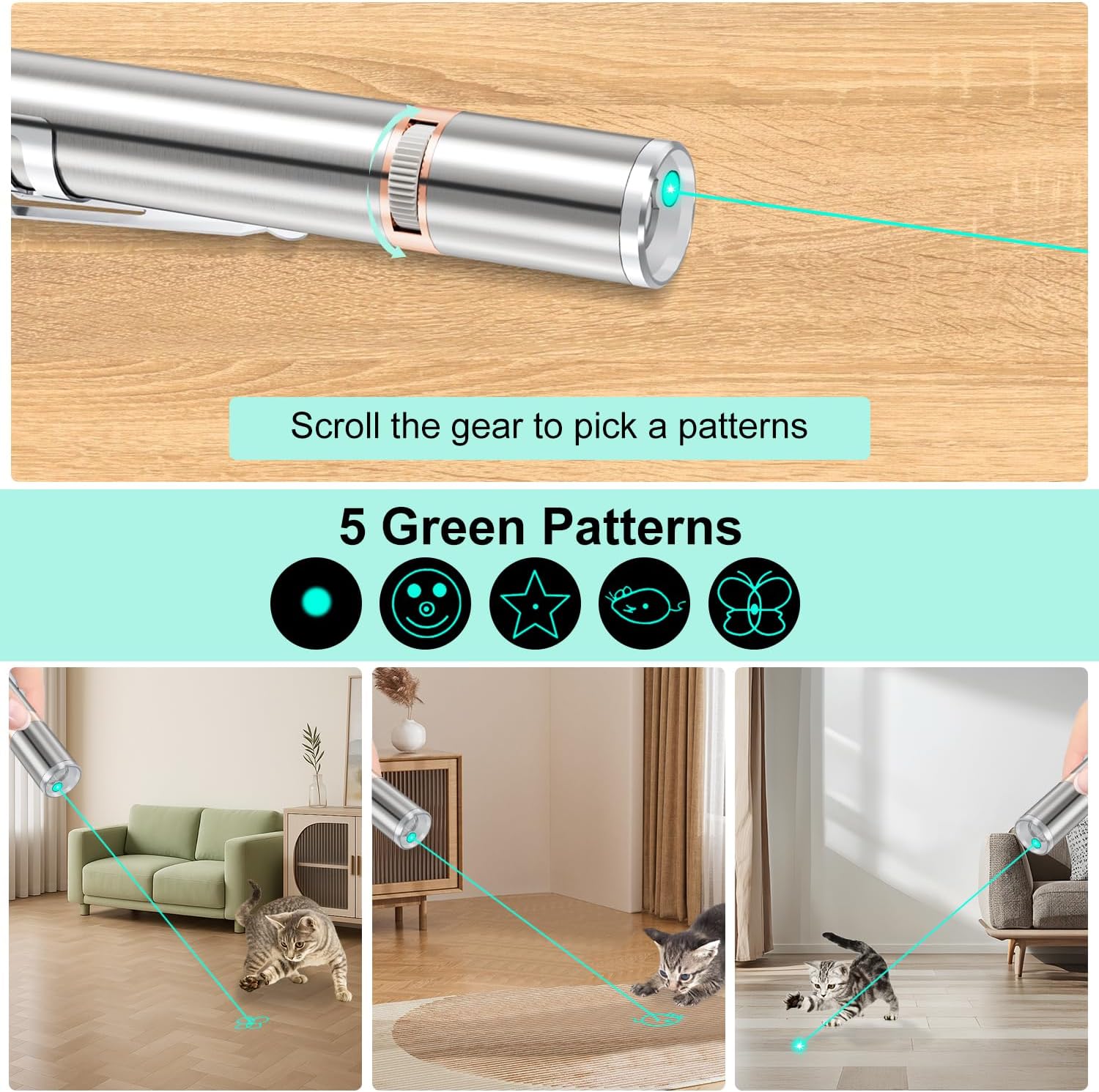 TBTeek Cat Toy, Green Light, with Metal Case, Rechargeable, 7 Patterns, Interactive Kitten Pet Dog Chase Light Toy for Fun Playing Exercise (2 Pieces) - Happypetzone.online - Image 4