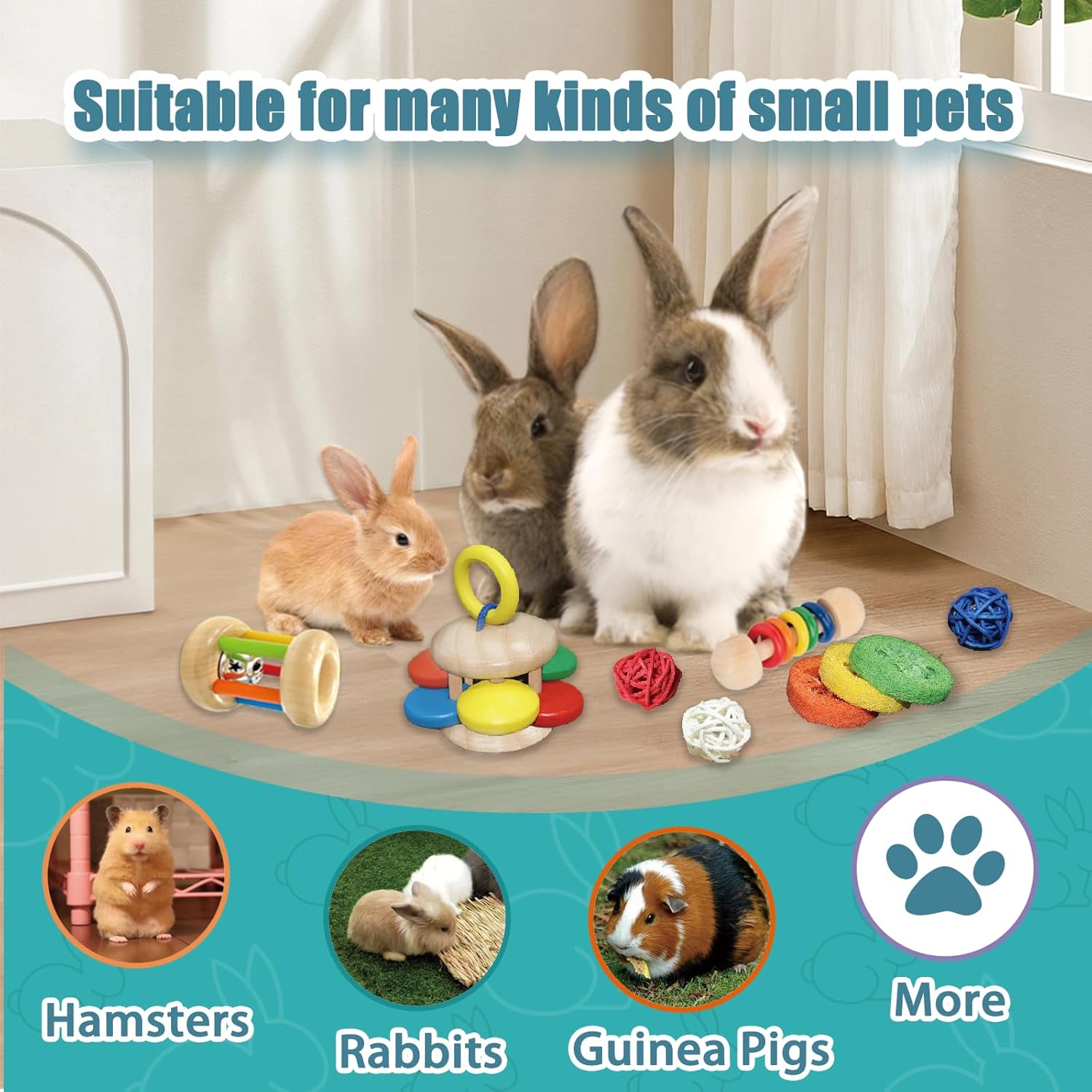QWR 9PCS Wooden Bunny Toys,Safe Rabbit & Guinea Pigs Teeth Grinding Toy for Chinchillas, Hamsters & Small Animals - Indoor & Outdoor - Happypetzone.online - Image 6