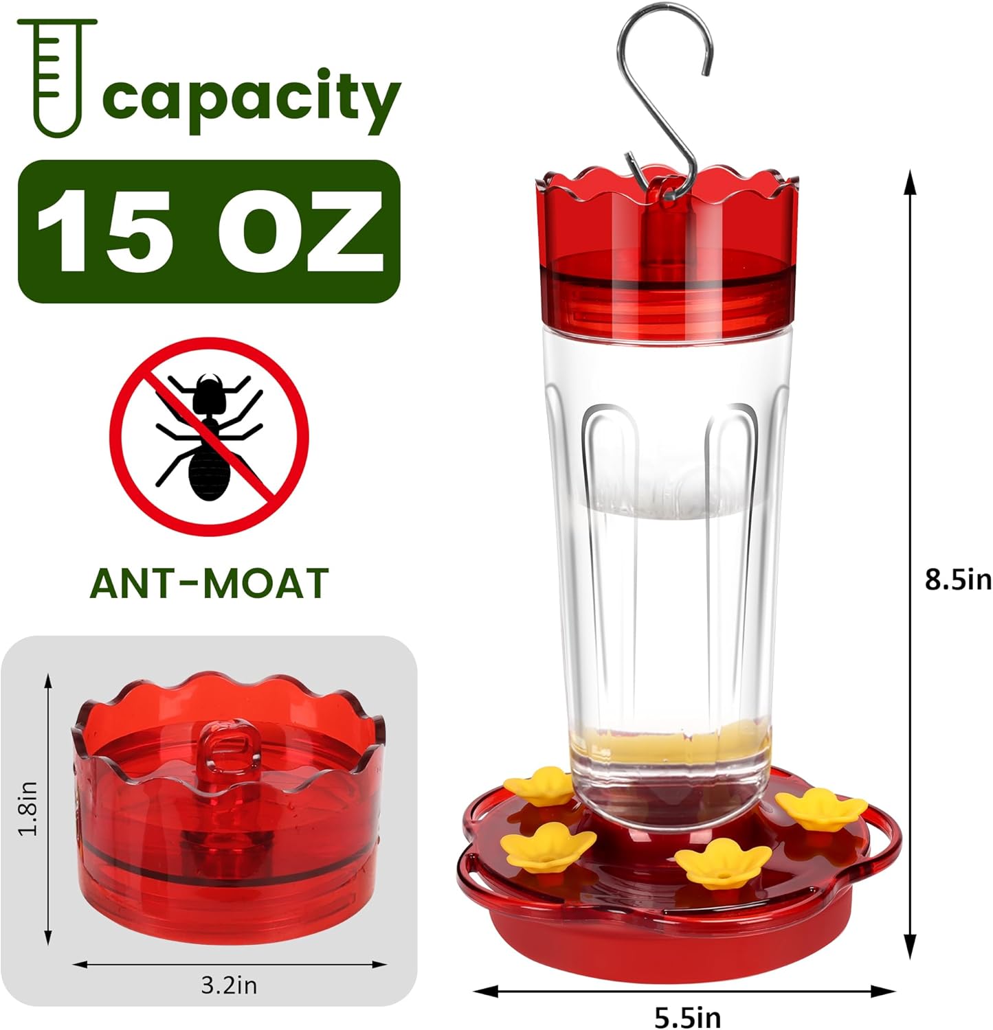 2 Pack Plastic Hummingbird Feeders for Outdoors Hanging Ant and Bee Proof,15 Ounces Red Hummingbird Feeder with 5 Feeding Ports and Perches, Built-in Ant Moat, Outside Garden Décor (Plastic, 2) - Happypetzone.online - Image 2