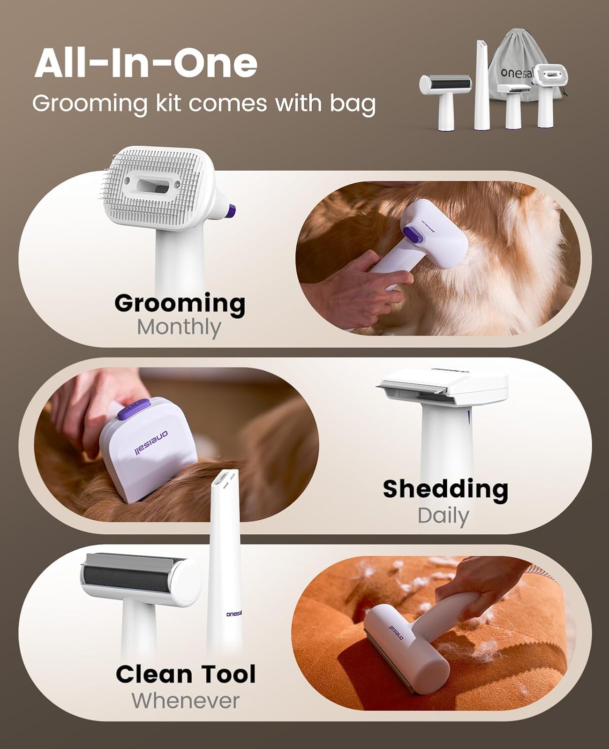 oneisall Dog Grooming Vacuum Kits: 15000Pa Shedding Brush with Grooming Tools, 3 Suction Low Noise, Pet Grooming Vacuum for Thick and Undercoat, 1.5L Dust Cup Dog Hair Vacuum, Home Cleaning, LM5 - Happypetzone.online - Image 2